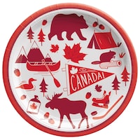 "CANADA!" Round Paper Disposable Lunch Plates, Red/White, 9-in, 10-pk, for Canada Day Front_Flat