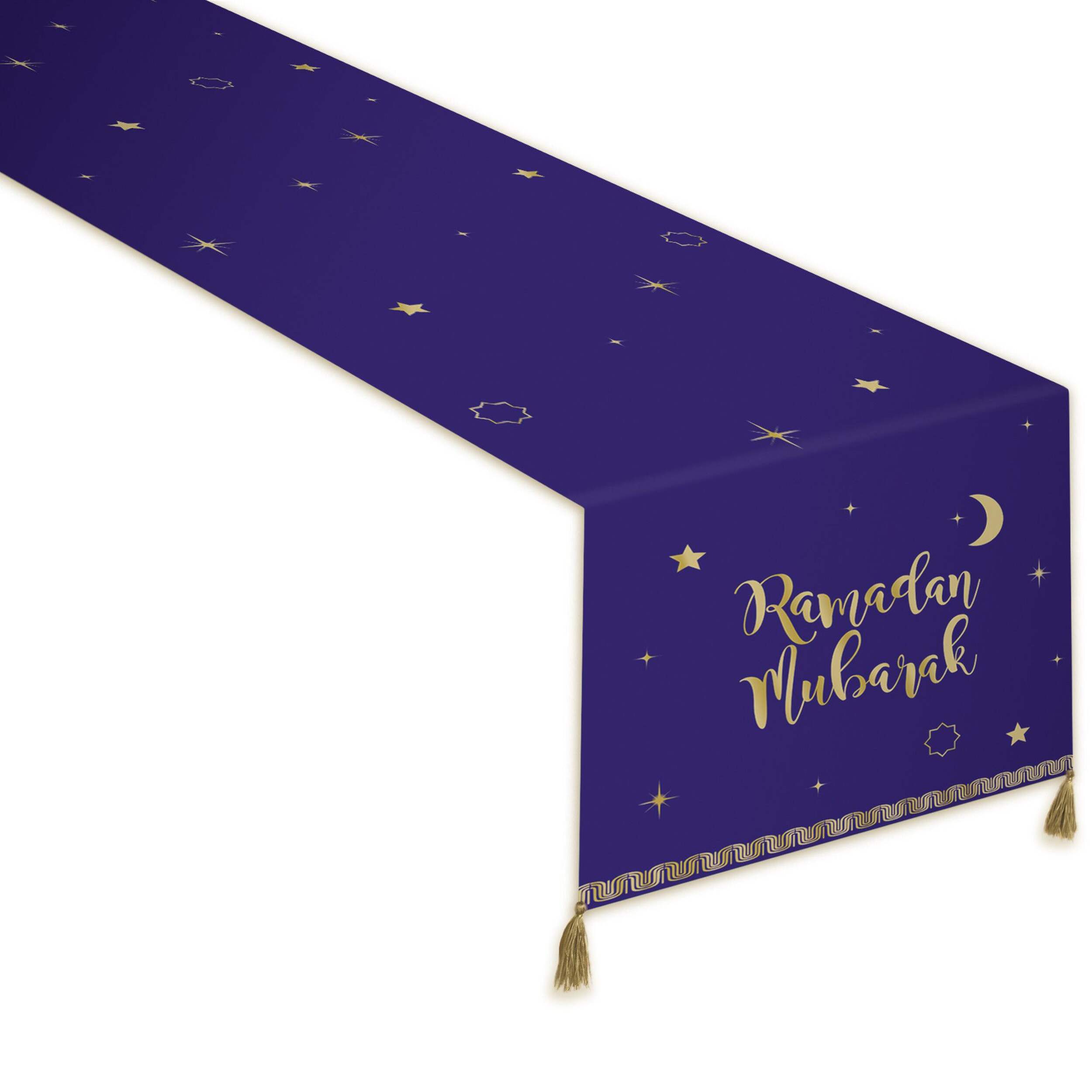 "Ramadan Mubarak" Fabric Reusable Table Runner Decoration, Navy/Gold, 14x72-in, for Religious Party/Eid Mubarak/Ramadan CloseUp