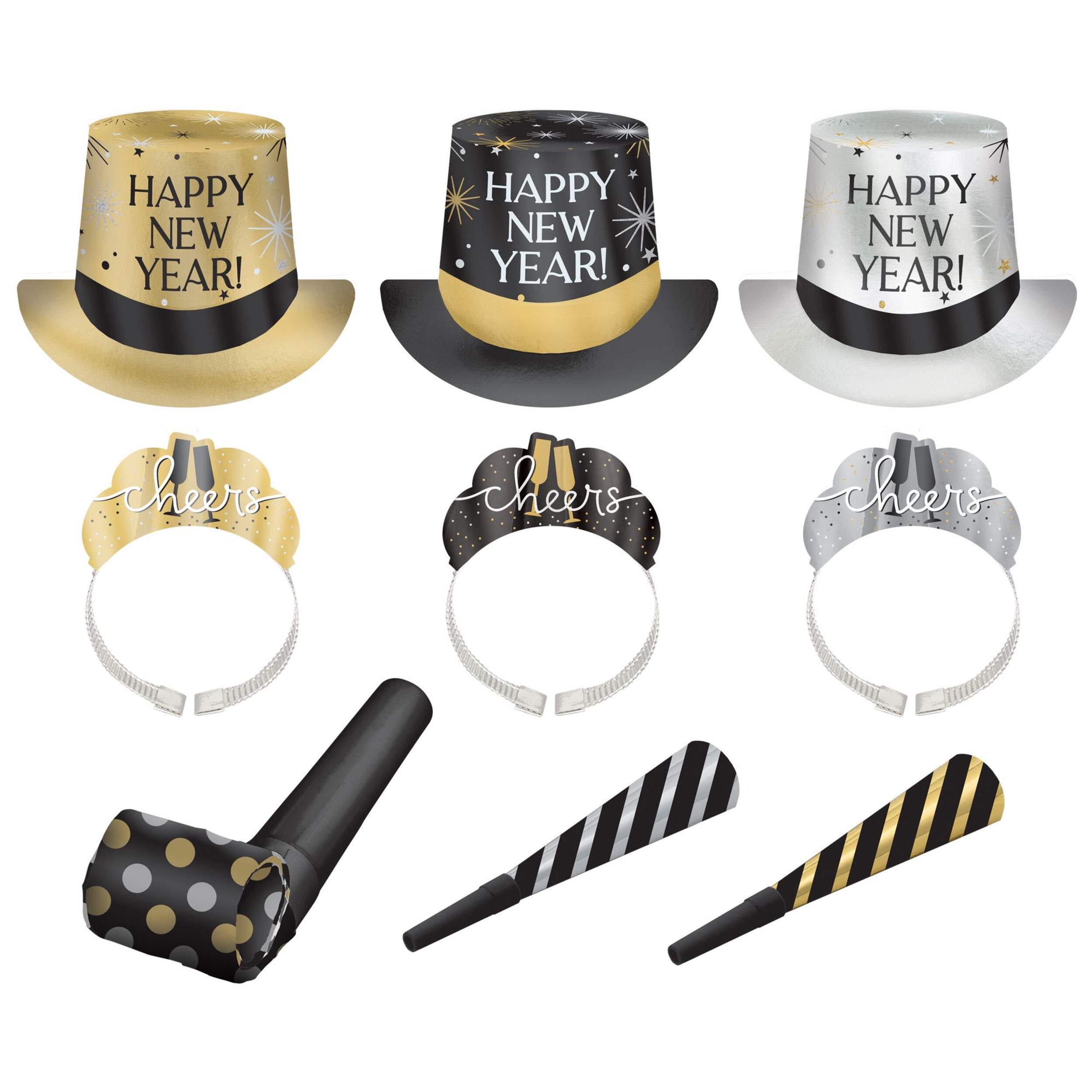 Party Kit with Hats, Tiaras, Blowouts & Noise Makers, Black/Gold/Silver, 10 Person Pack, for New Year's Eve Composite_or_Mixed