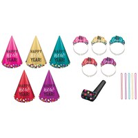 "Happy New Year" Party Kit with Hats, Tiaras, Blowouts & Necklaces, Blue/Purple/Red/Gold, 10 Person Pack, for New Year's Eve Composite_or_Mixed