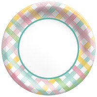 Round Paper Disposable Dinner Plates, Pink/Yellow/Green, Plaid, 10-in, 50-pk, for Easter/Spring Party Overhead_Flat