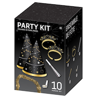 Party Kit with Hats, Tiaras, Blowouts, Noise Makers & Necklaces, Black/Gold, 10 Person Pack, for New Year's Eve Front_Angled_Left