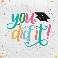 Follow Your Dreams "You Did It" Square Paper Disposable Beverage Napkins, White/Multi-Coloured, 5-in, 40-pk, 2-ply, for Graduation Overhead_Flat