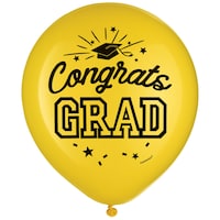 "Congrats Grad" Round Latex Balloons, Yellow, 12-in, 15-pk, for Graduation Front_Flat