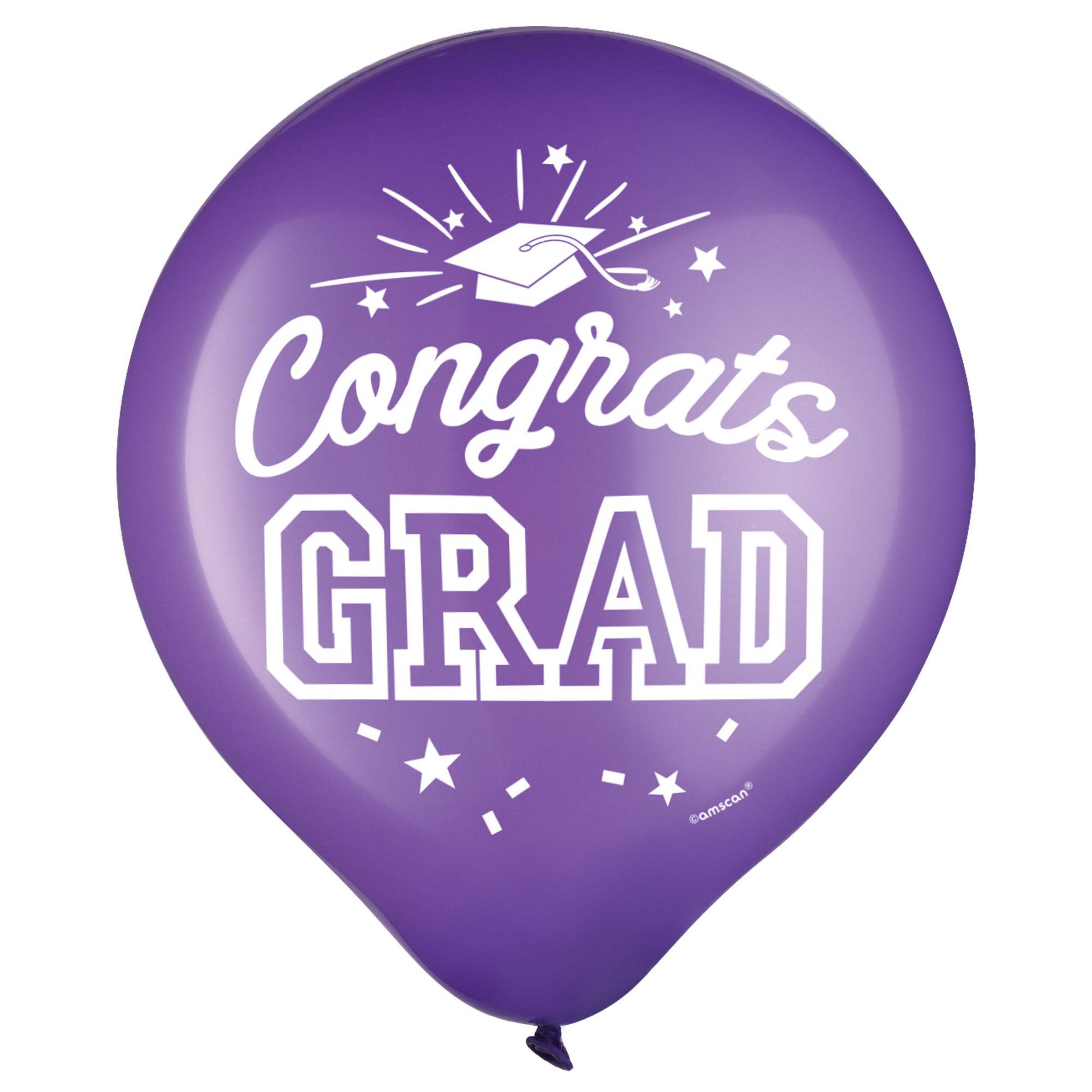 "Congrats Grad" Round Latex Balloons, Purple, 12-in, 15-pk, for Graduation Front_Flat