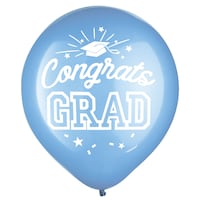 "Congrats Grad" Round Latex Balloons, Blue, 12-in, 15-pk, for Graduation Front_Flat