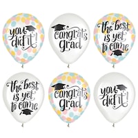 Ballons en latex transparents confettis ronds Congrats Grad, jaune/bleu/rose/noir, 12 po, paq. 6, pour remise des diplômes Front_Flat