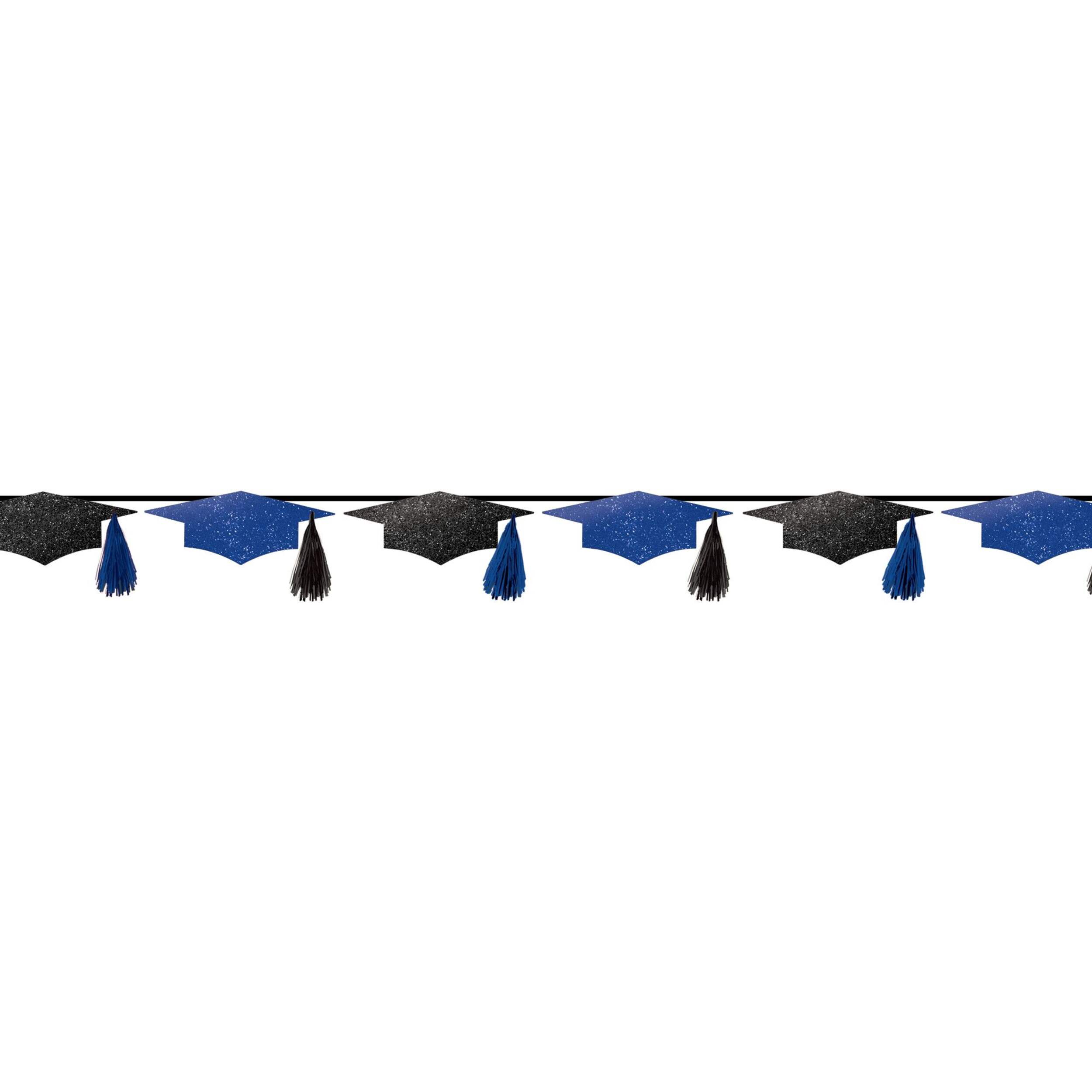 Grad Cap Hanging Garland Banner Decoration, Blue/Black, 12-in, for Graduation Front_Flat