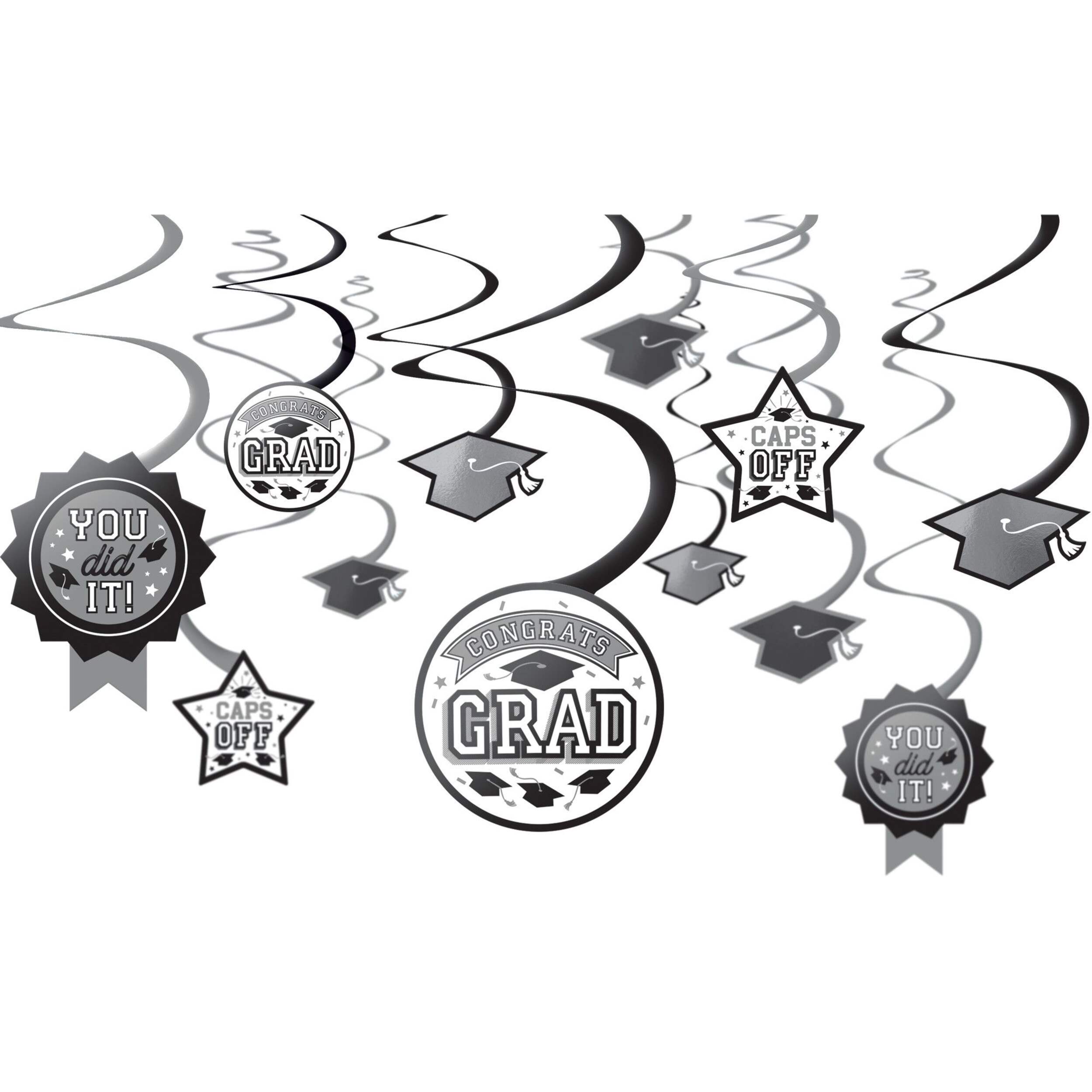 "Congrats Grad" Swirl Hanging Decorations, White, 5-in, 12-pk,  for Graduation Front_Flat
