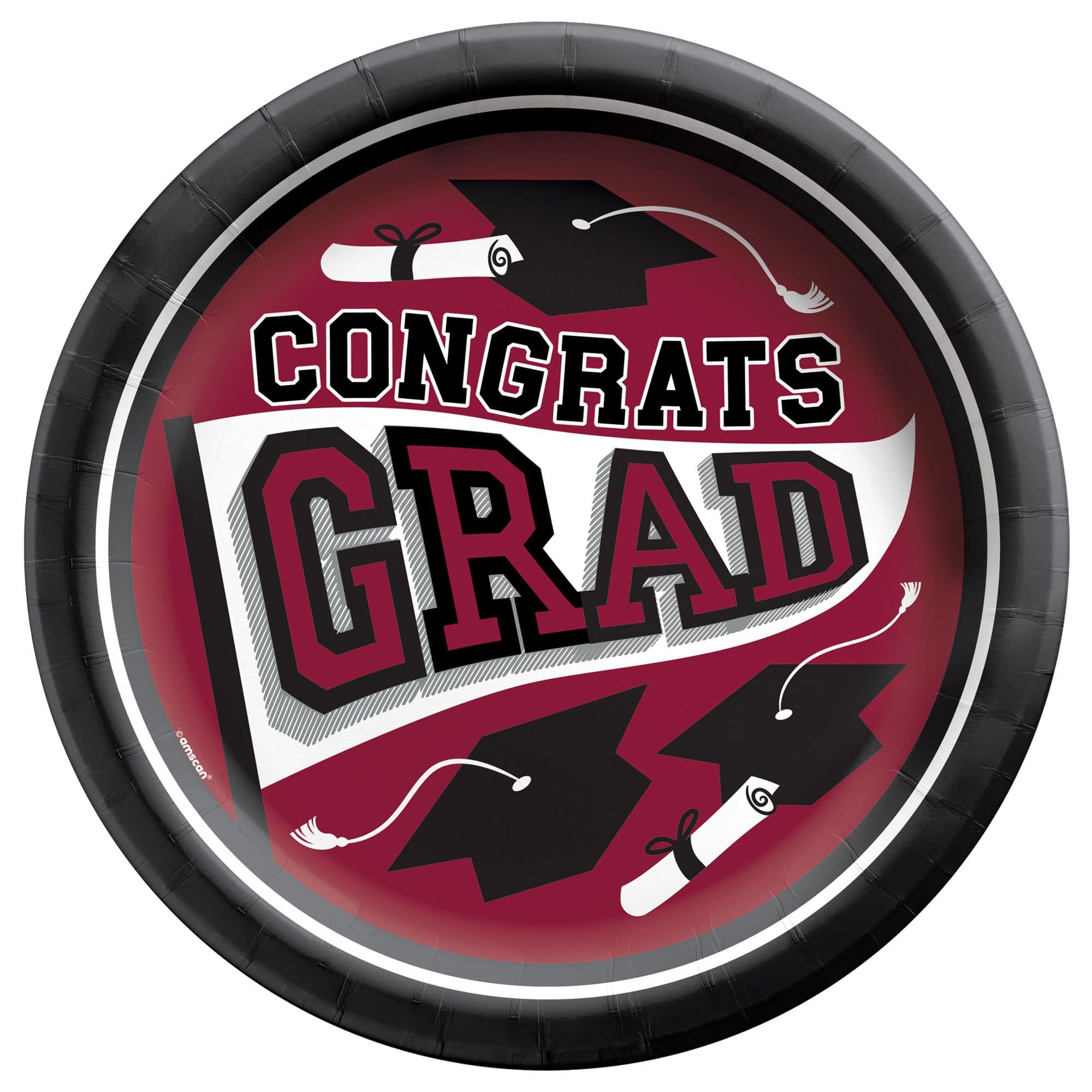 True to Your School Congrats Grad Round Paper Disposable Lunch Plates Maroon 8.5 in 20 pk for Graduation Party City