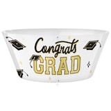 "Congrats Grad" Round Plastic Reusable Serving Bowl, White/Gold, 10-in, for Graduation