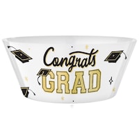 "Congrats Grad" Round Plastic Reusable Serving Bowl, White/Gold, 10-in, for Graduation