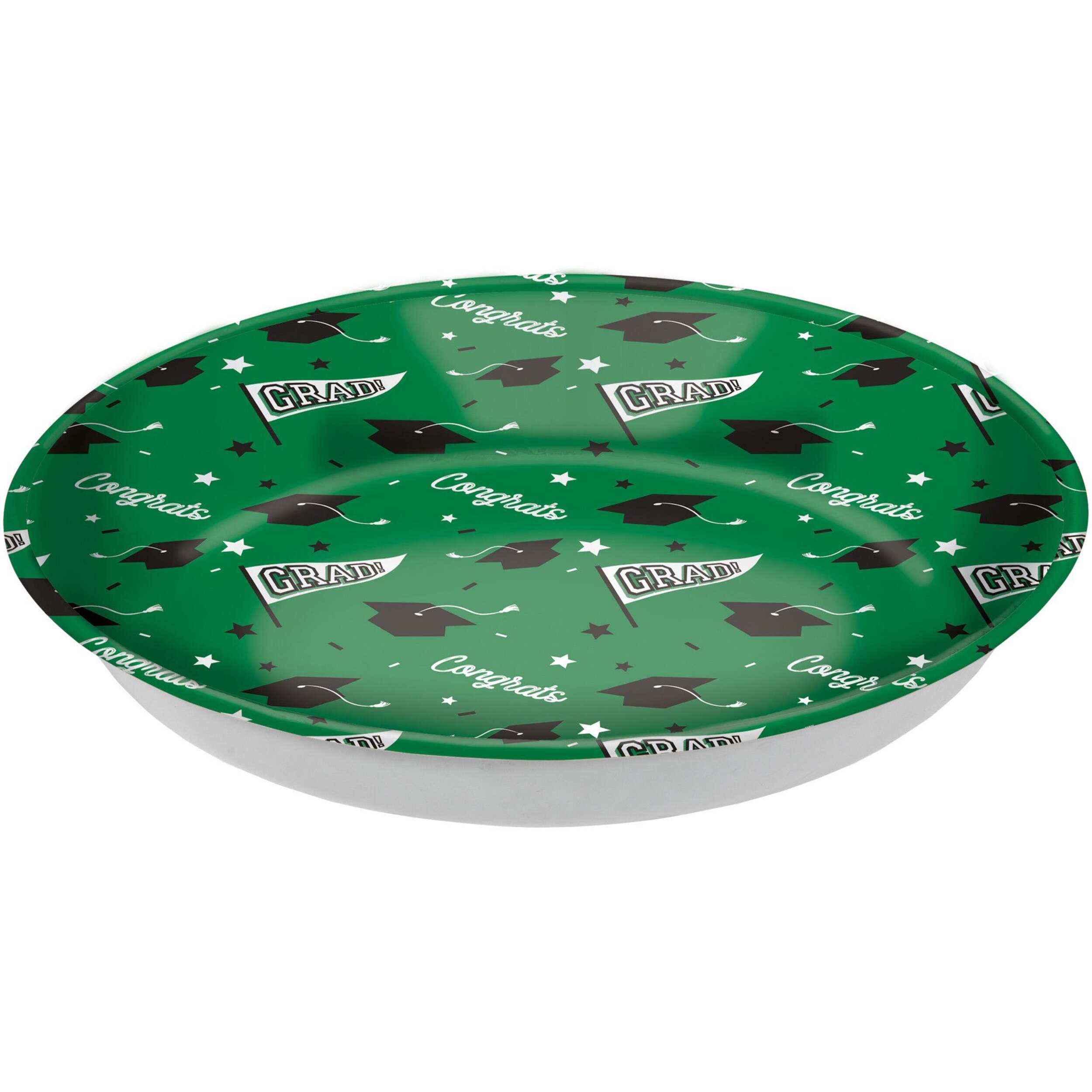 "Congrats Grad" Round Plastic Reusable Serving Bowl, Green, 14-in, for Graduation Front_Elevated
