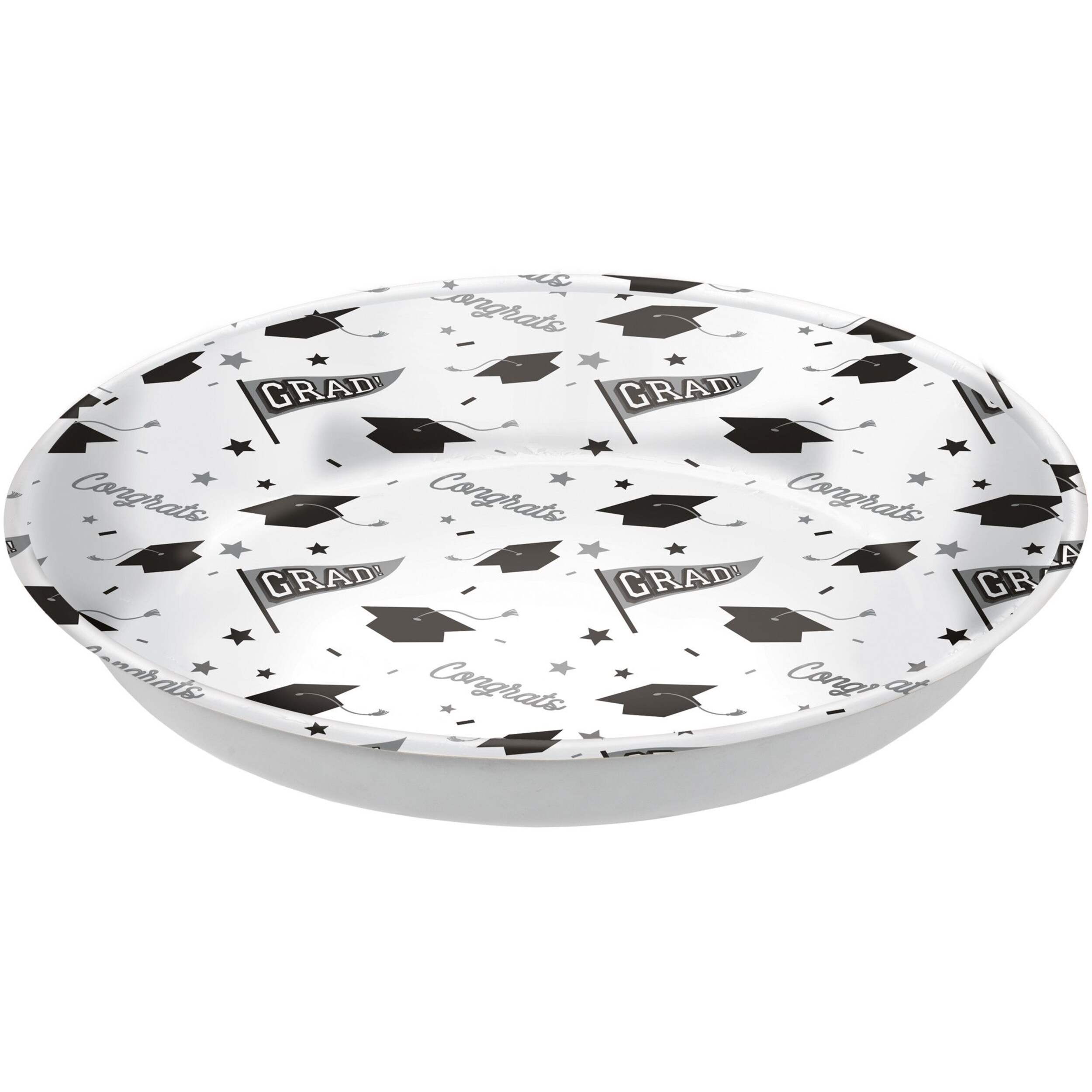 "Congrats Grad" Round Plastic Reusable Serving Bowl, White, 14-in, for Graduation Front_Elevated