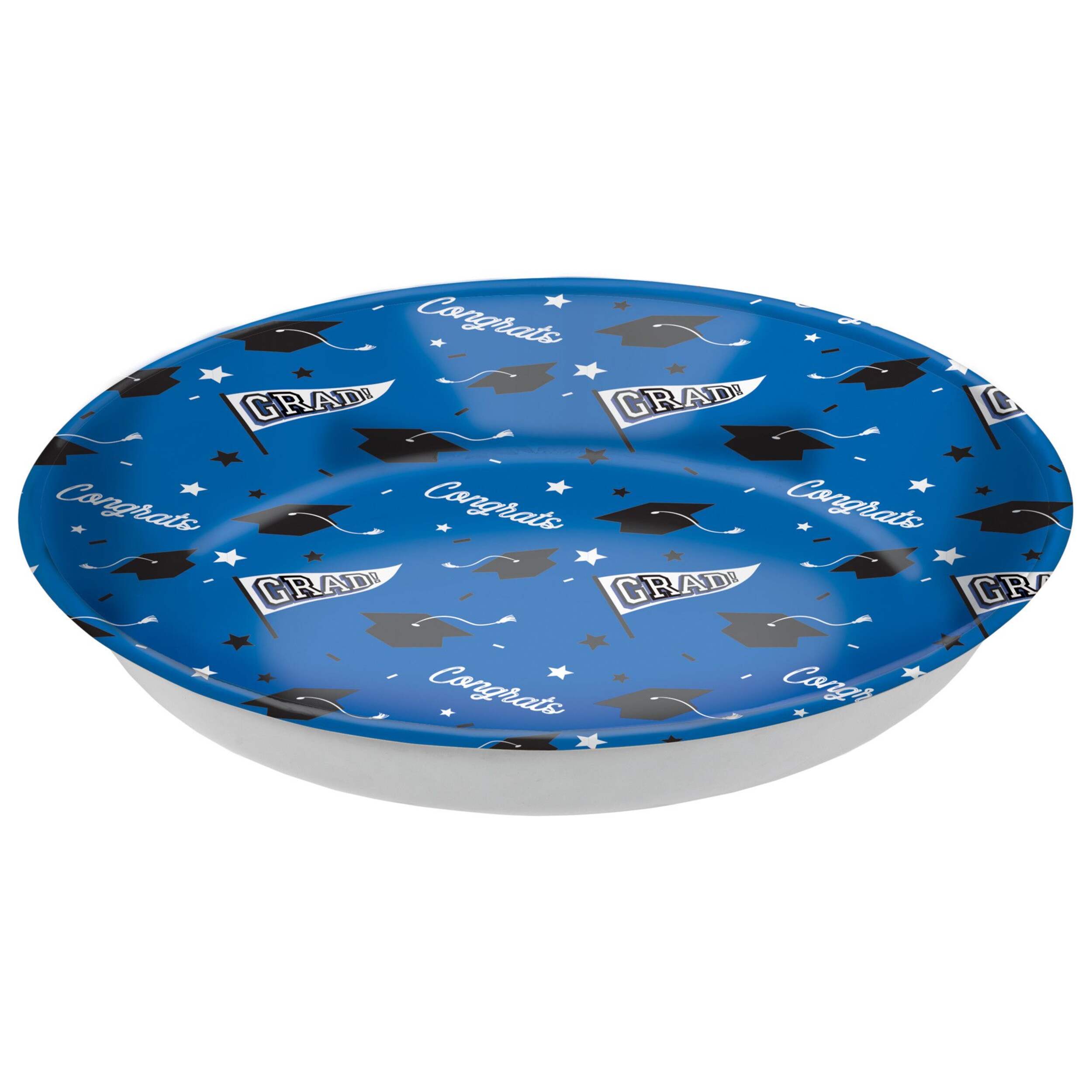 "Congrats Grad" Round Plastic Reusable Serving Bowl, Blue, 14-in, for Graduation Front_Elevated