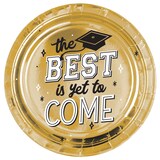 "The Best is Yet to Come" Round Paper Disposable Dinner Plates, Metallic Gold, 10.5-in, 8-pk, for Graduation Overhead_Flat