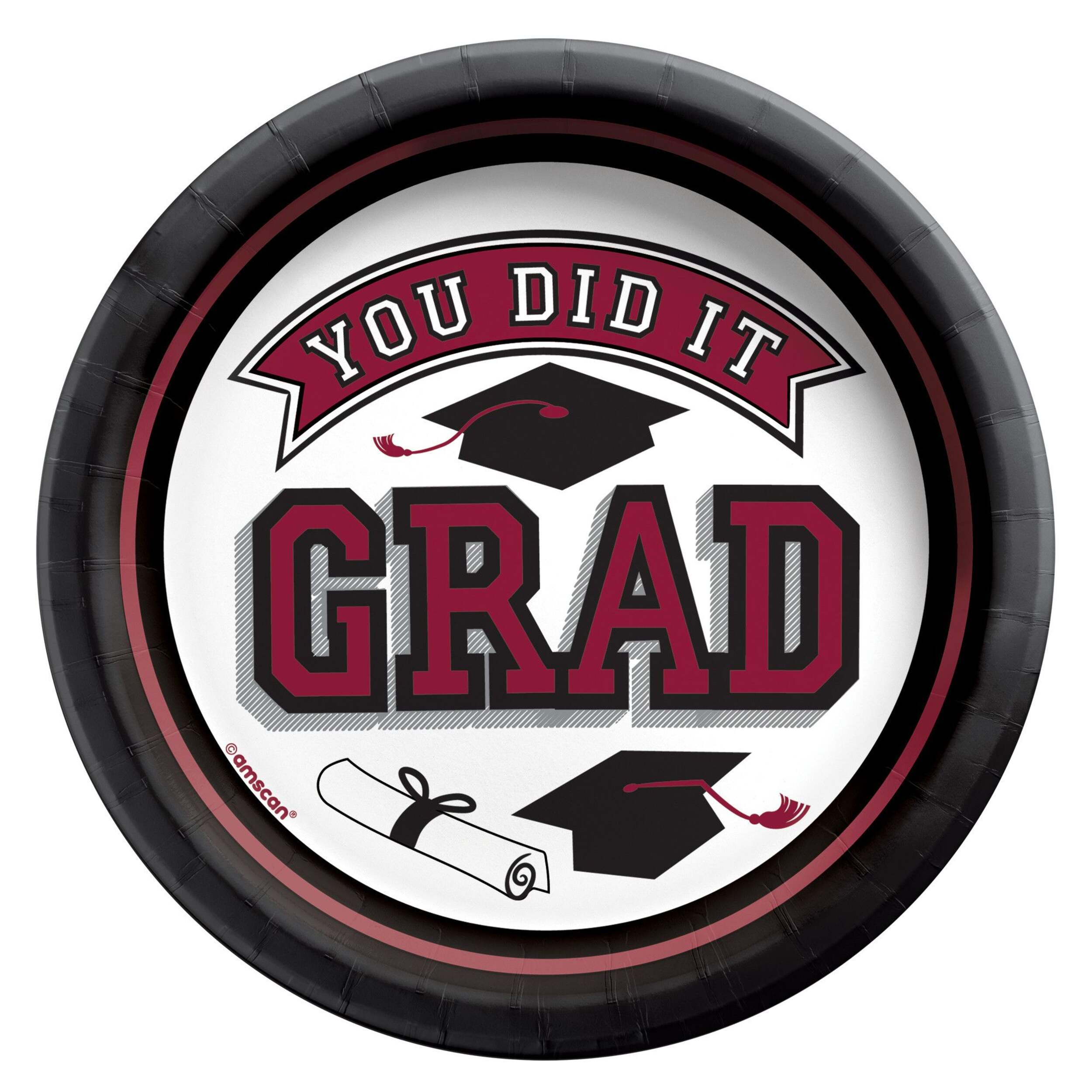 True to Your School "You Did It Grad" Round Paper Disposable Dessert Plates, Maroon, 7-in, 20-pk, for Graduation Overhead_Flat