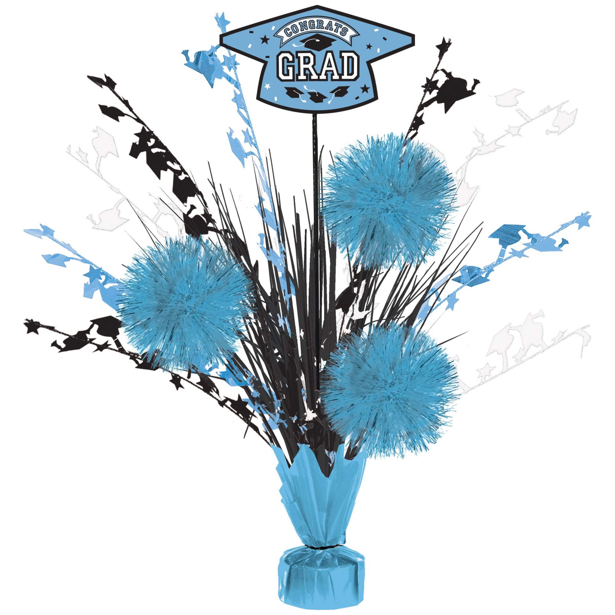 "Congrats Grad" Metallic Tinsel Spray Burst Centerpiece Table Decoration, Powder Blue, 18-in, for Graduation Front_Flat