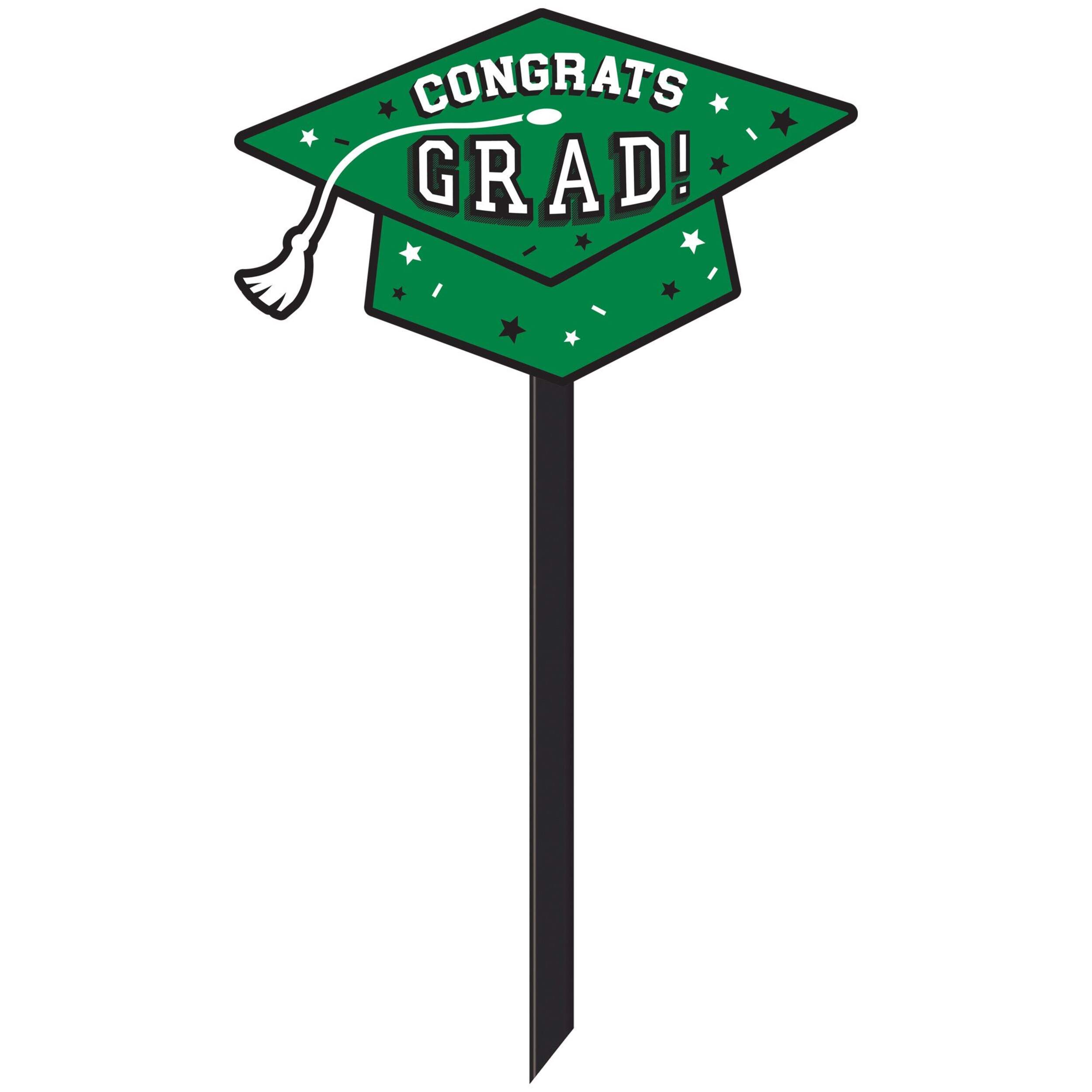"Congrats Grad" Outdoor Yard Stake Sign Decoration, Green, 5.75-in, for Graduation Front_Flat