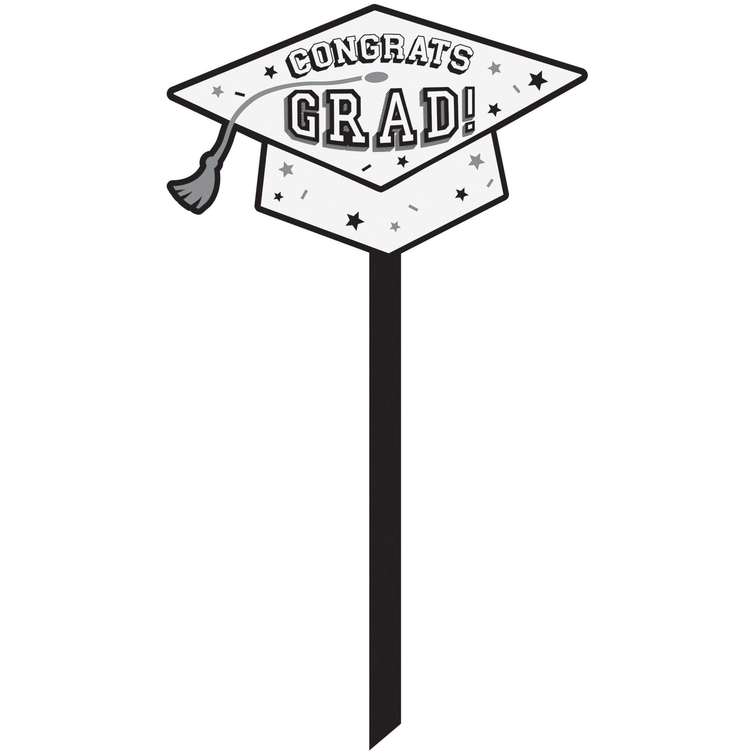 "Congrats Grad" Outdoor Yard Stake Sign Decoration, White, 5.75-in, for Graduation Front_Flat