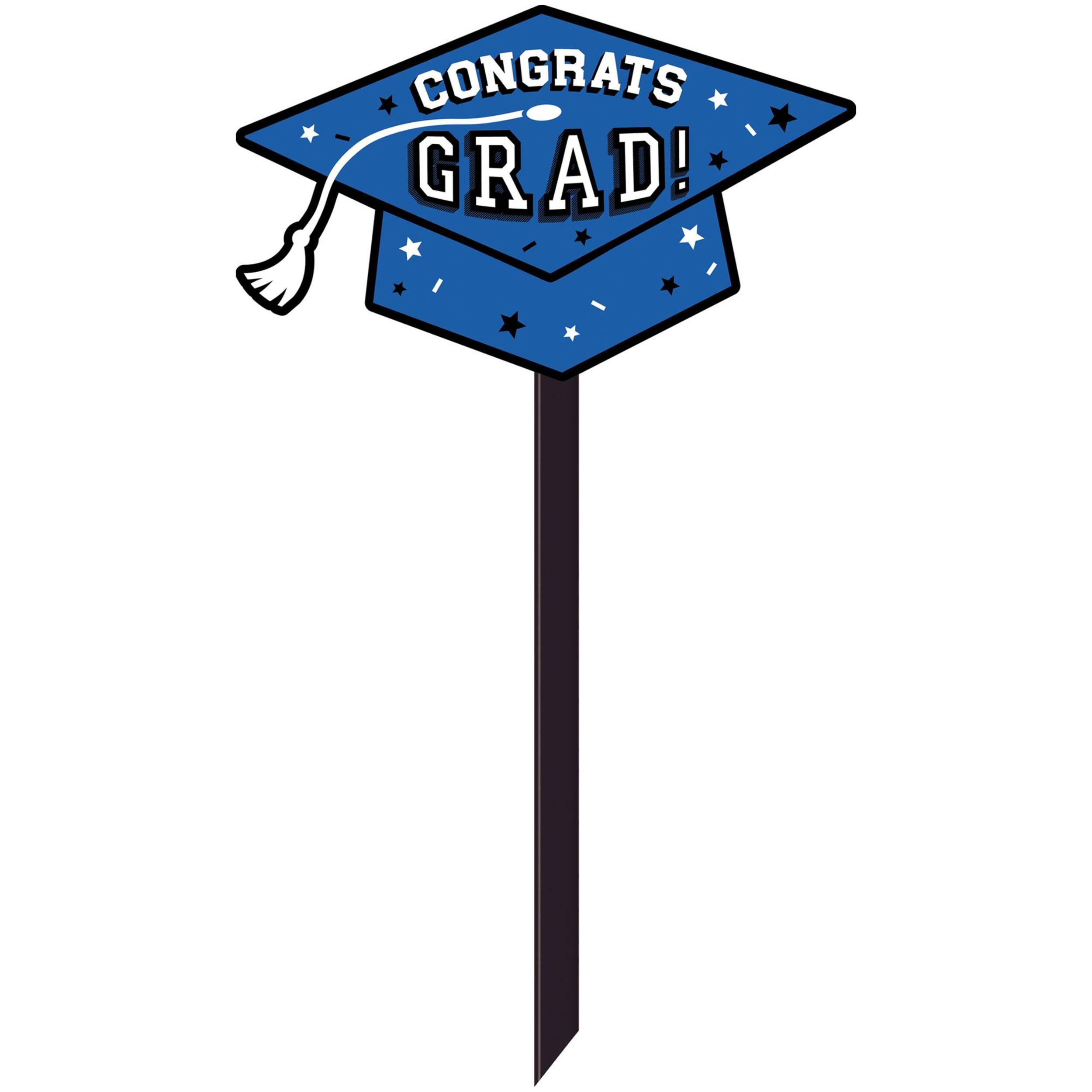 "Congrats Grad" Outdoor Yard Stake Sign Decoration, Blue, 5.75-in, for Graduation Front_Flat
