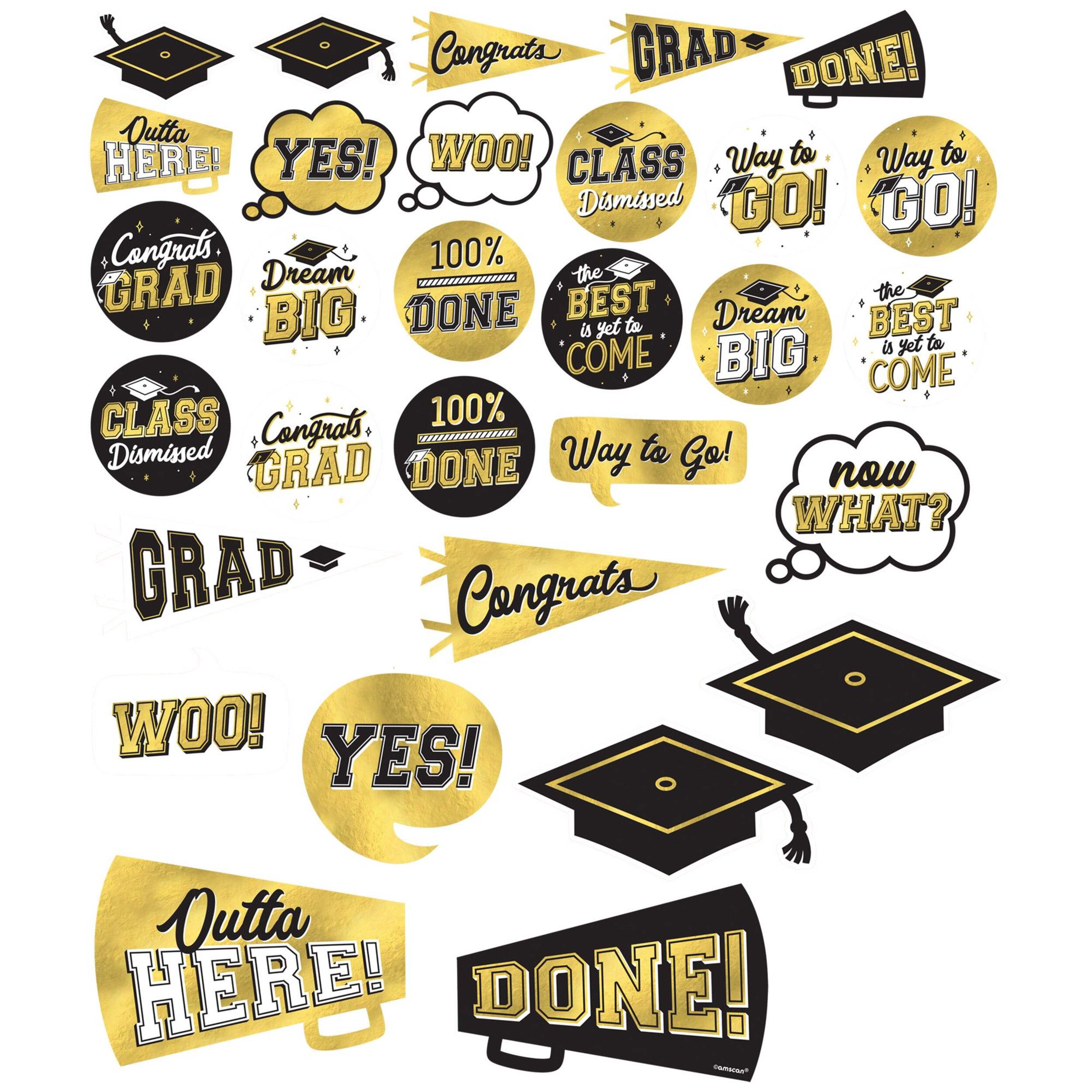 "Congrats Grad" Table & Wall Cutout Decorations, Black/Silver/Gold, 14-in, 30-pk, for Graduation Front_Flat