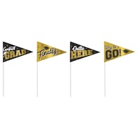 "Congrats Grad" Foil Pennant Outdoor Yard Stake Sign Decorations, Black/Gold, 16-in, 4-pk, for Graduation Front_Flat