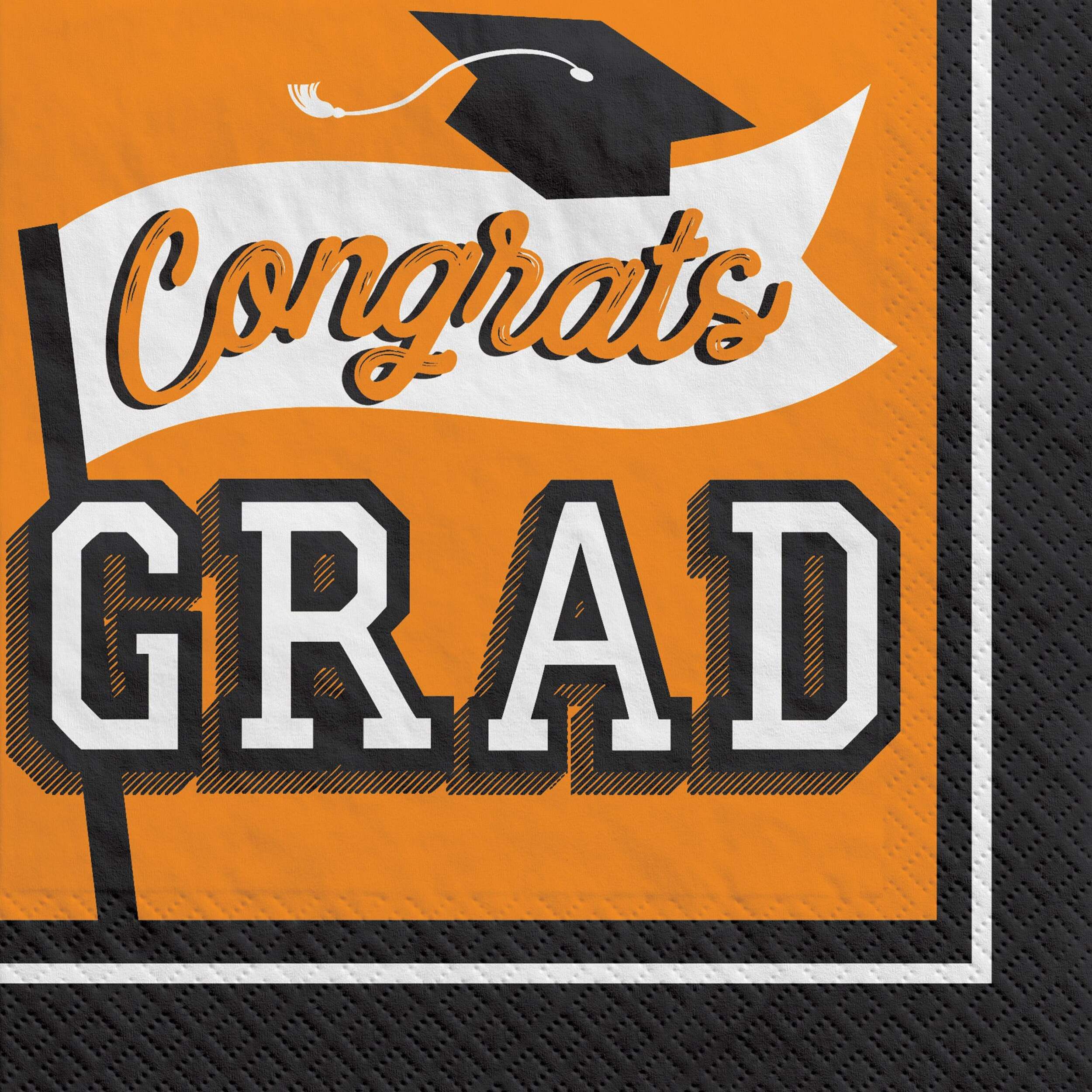 True to Your School "Congrats Grad!" Square Disposable Paper Lunch Napkins, Orange, 6.5-in, 40-pk, 2-ply, for Graduation Front_Flat