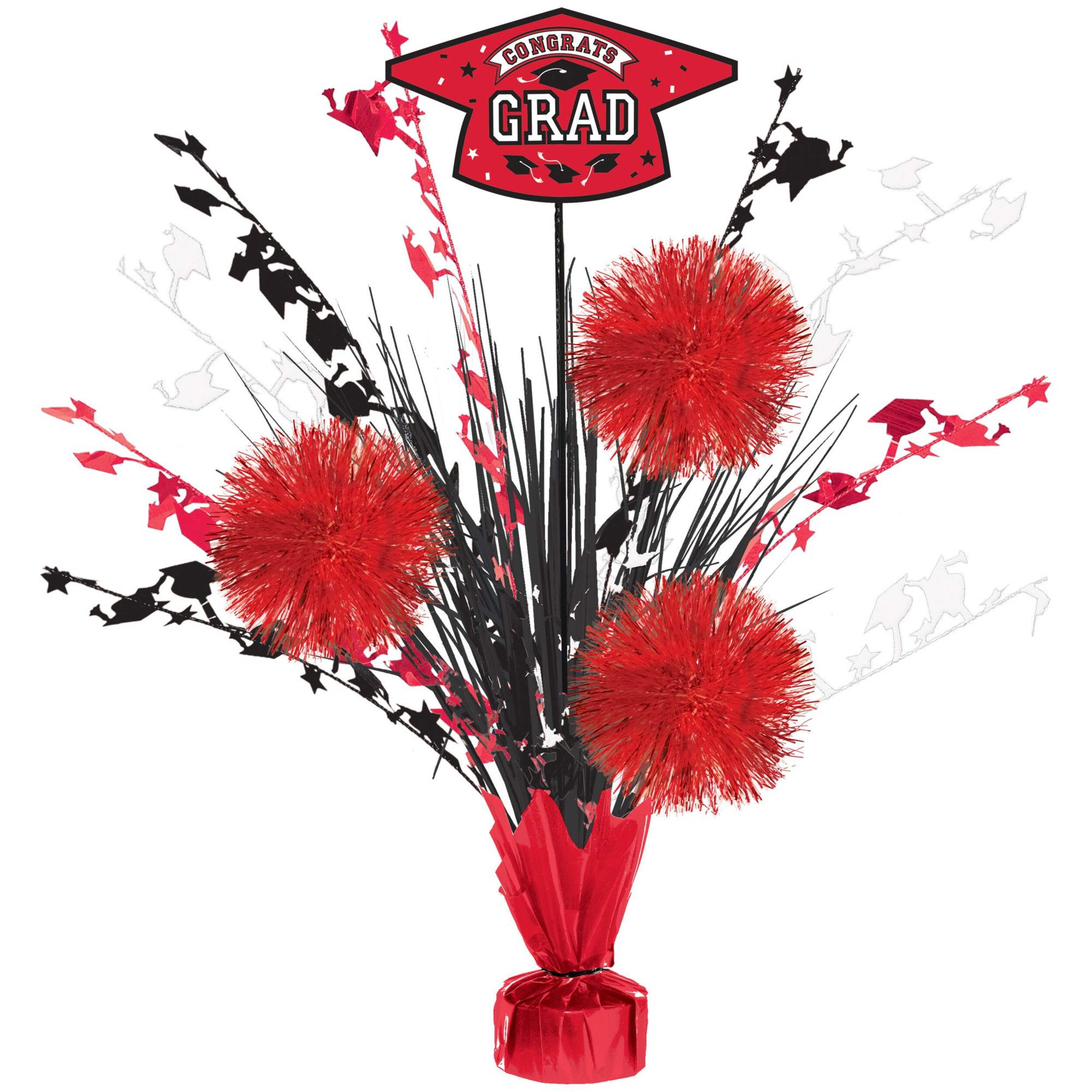 "Congrats Grad" Metallic Tinsel Spray Burst Centerpiece Table Decoration, Red, 18-in, for Graduation Front_Flat