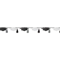 Grad Cap Hanging Garland Banner Decoration, Black/White, 12-in, for Graduation