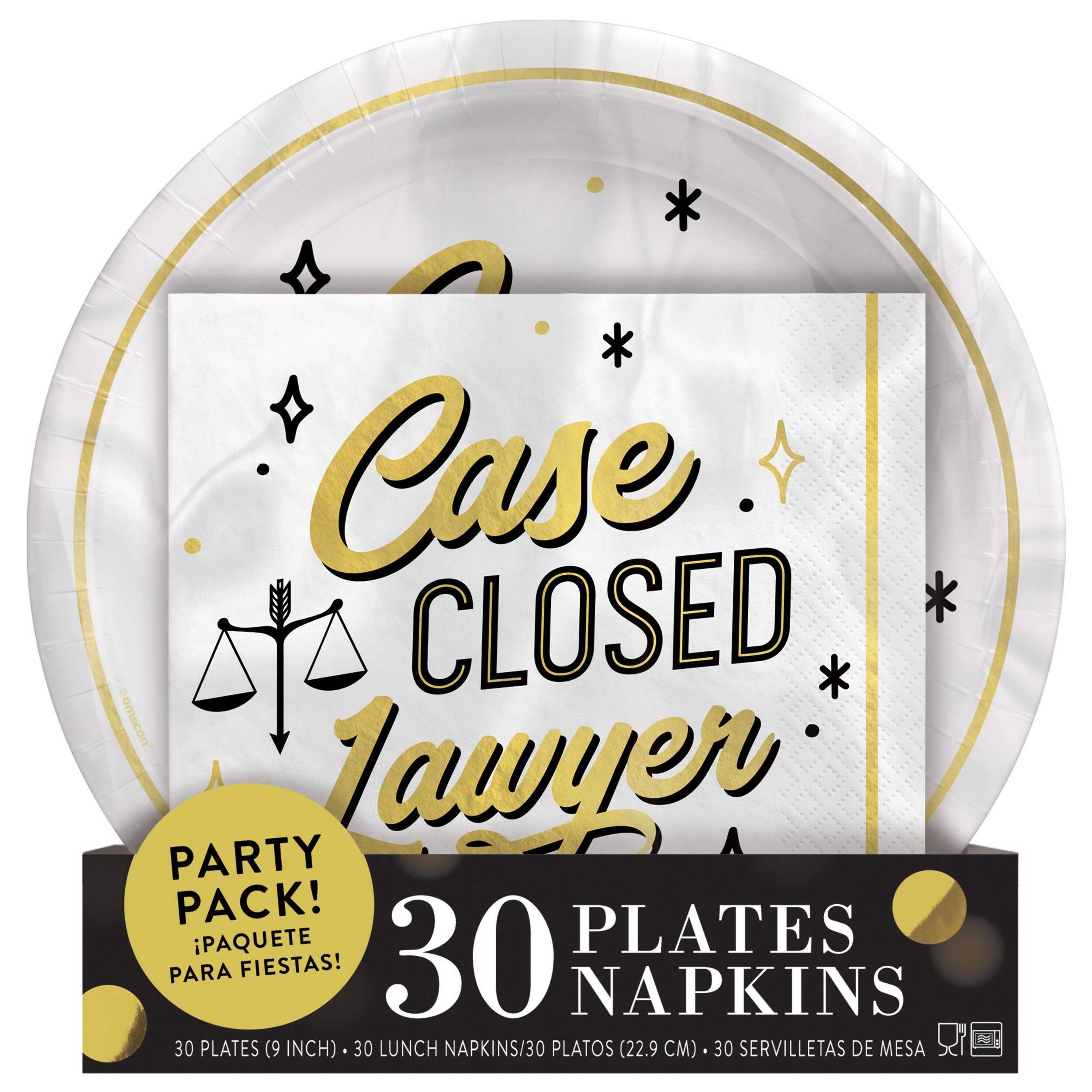 "Case Closed Lawyer" Party Kit with Plastic Plates & Paper Lunch Napkins, White/Gold, 9-in, 60-pk, for Graduation Front_Flat