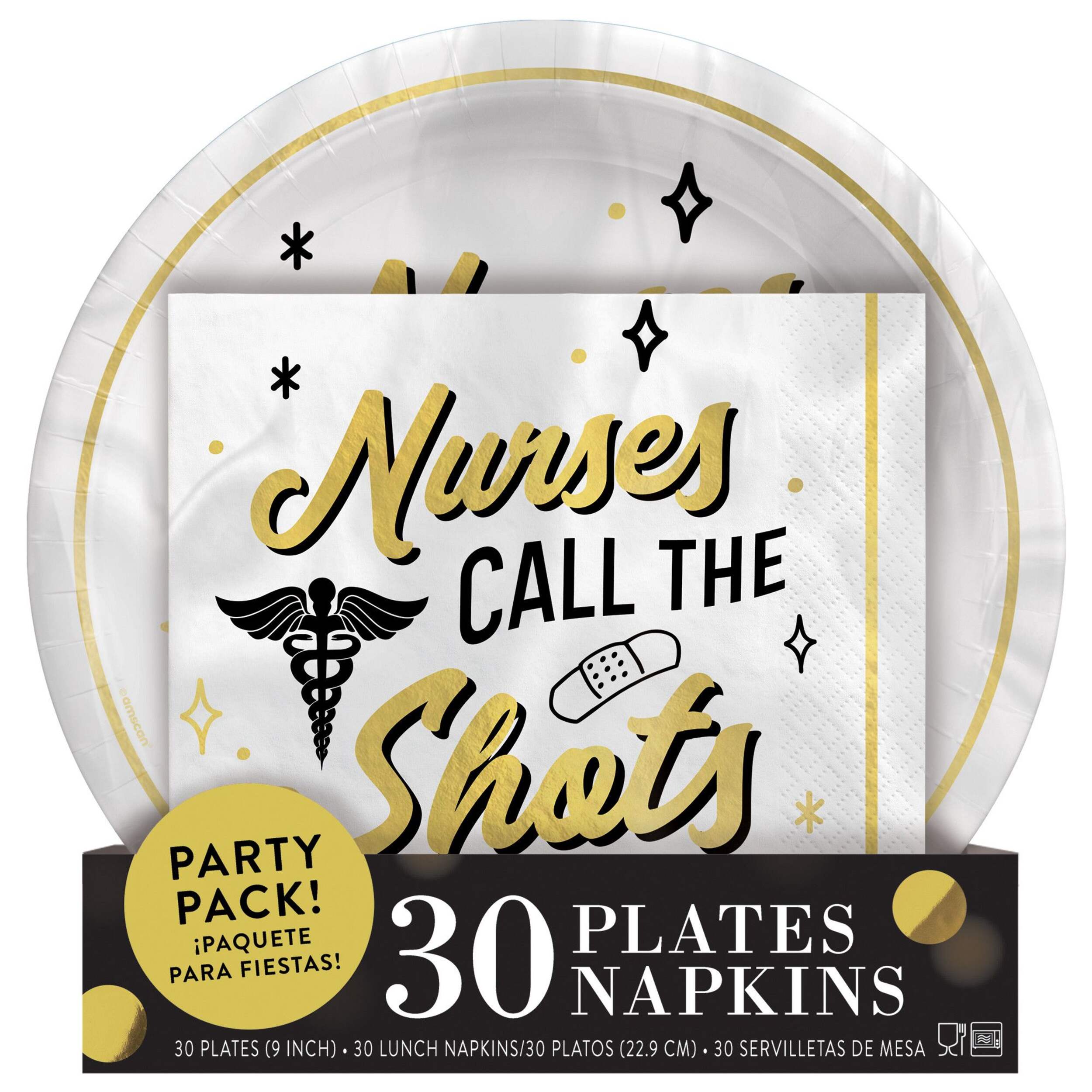 "Nursed Call the Shots" Party Kit with Plastic Plates & Paper Lunch Napkins, White/Gold, 9-in, 60-pk, for Graduation Front_Flat