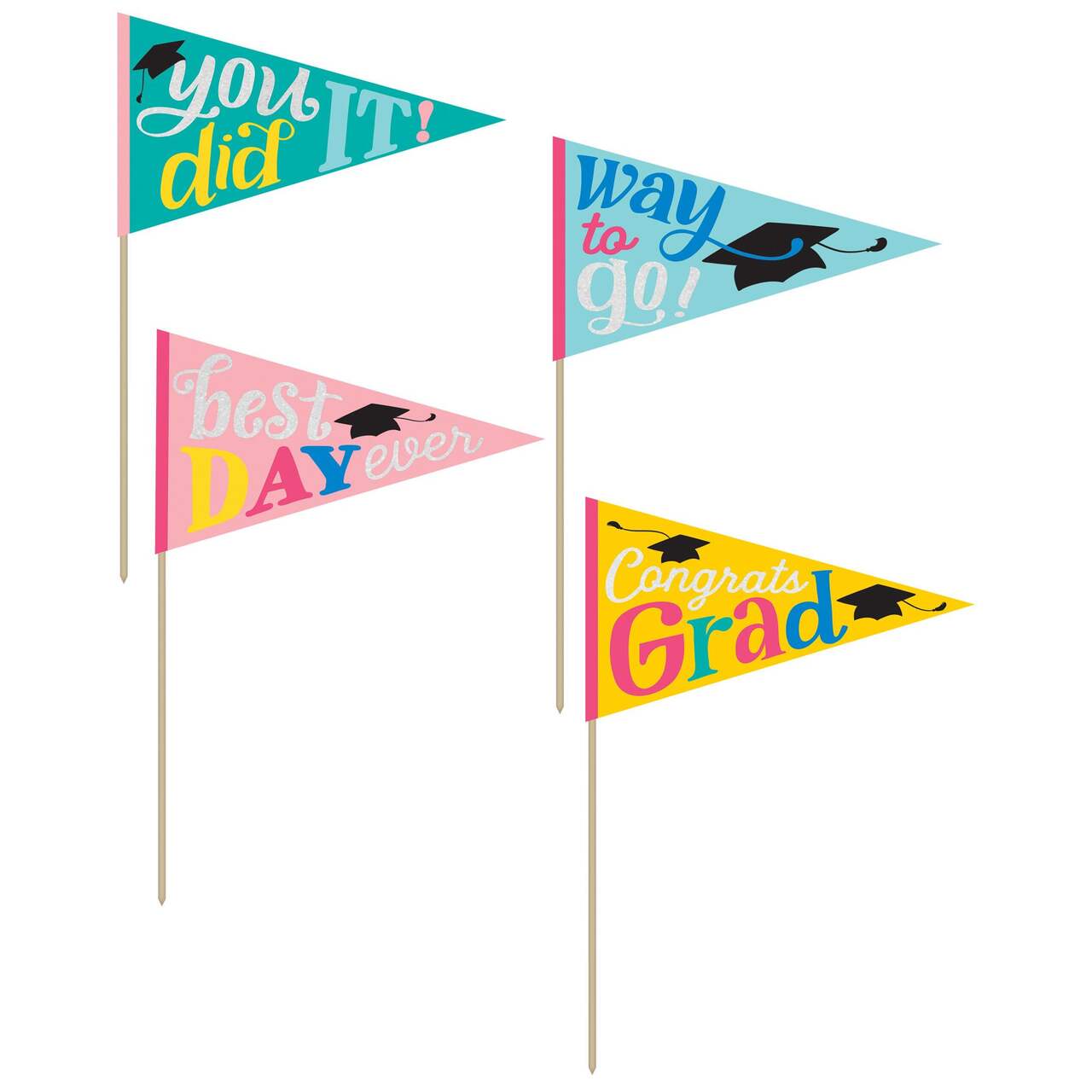 Small Graduation Pennants Flags, Party Decoration, Multicolour, 4-pc, 16-in