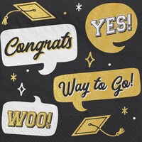 "Congrats Way to Go" Square Paper Disposable Beverage Napkins, Black/Gold, 5-in, 16-pk, 2-ply, for Graduation Overhead_Flat