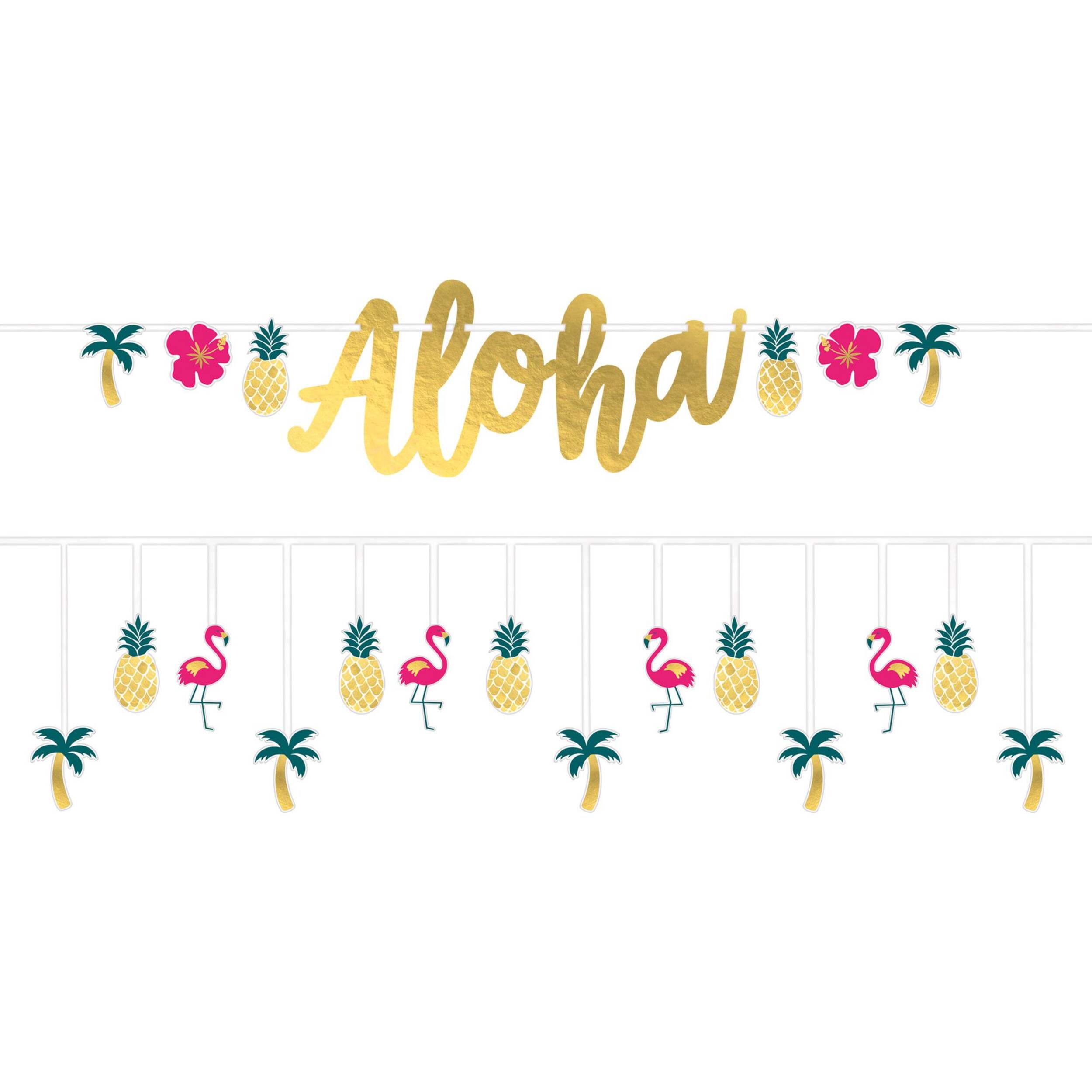 "Aloha" Foil Hanging Garland Banner Decoration, Gold, 3.25-in, 2-pk, for Summer Party Front_Flat