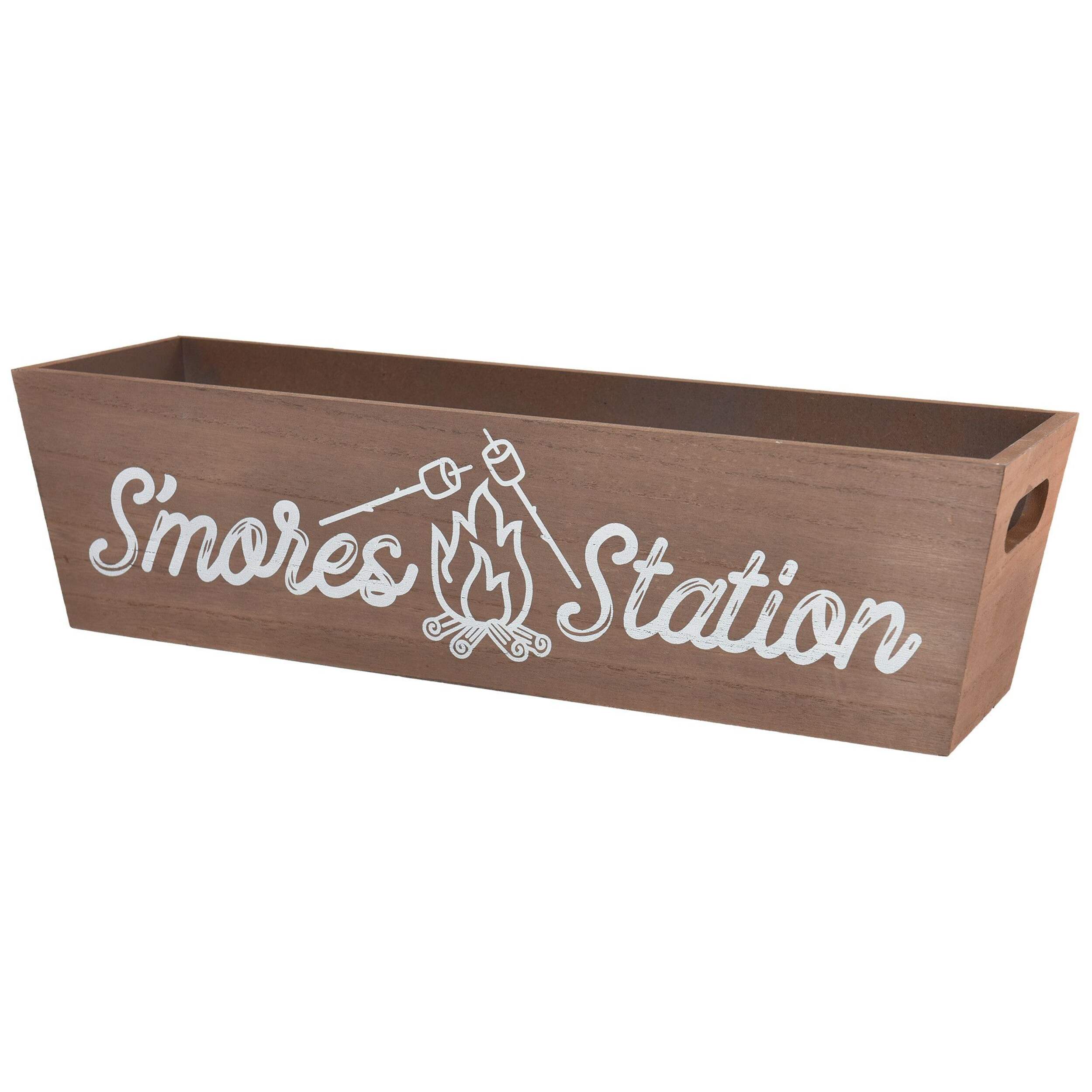 "S'mores Station" Holder Container with Built-In Handles, Brown, 16-in, for Summer Party Front_Angled_Left