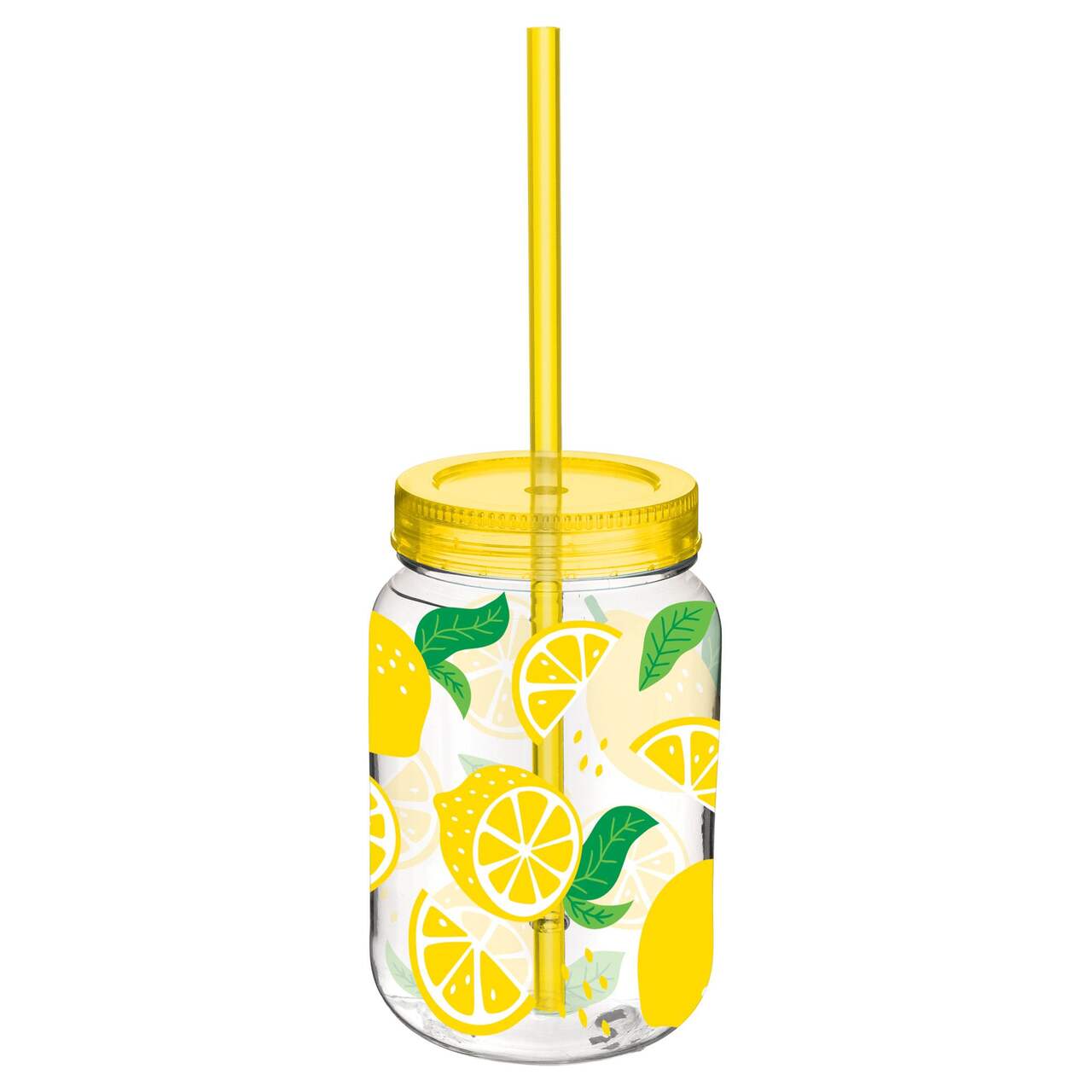 Plastic Reusable Mason Cup with Straw, Yellow, Lemon, 18-oz, for Summer  Party
