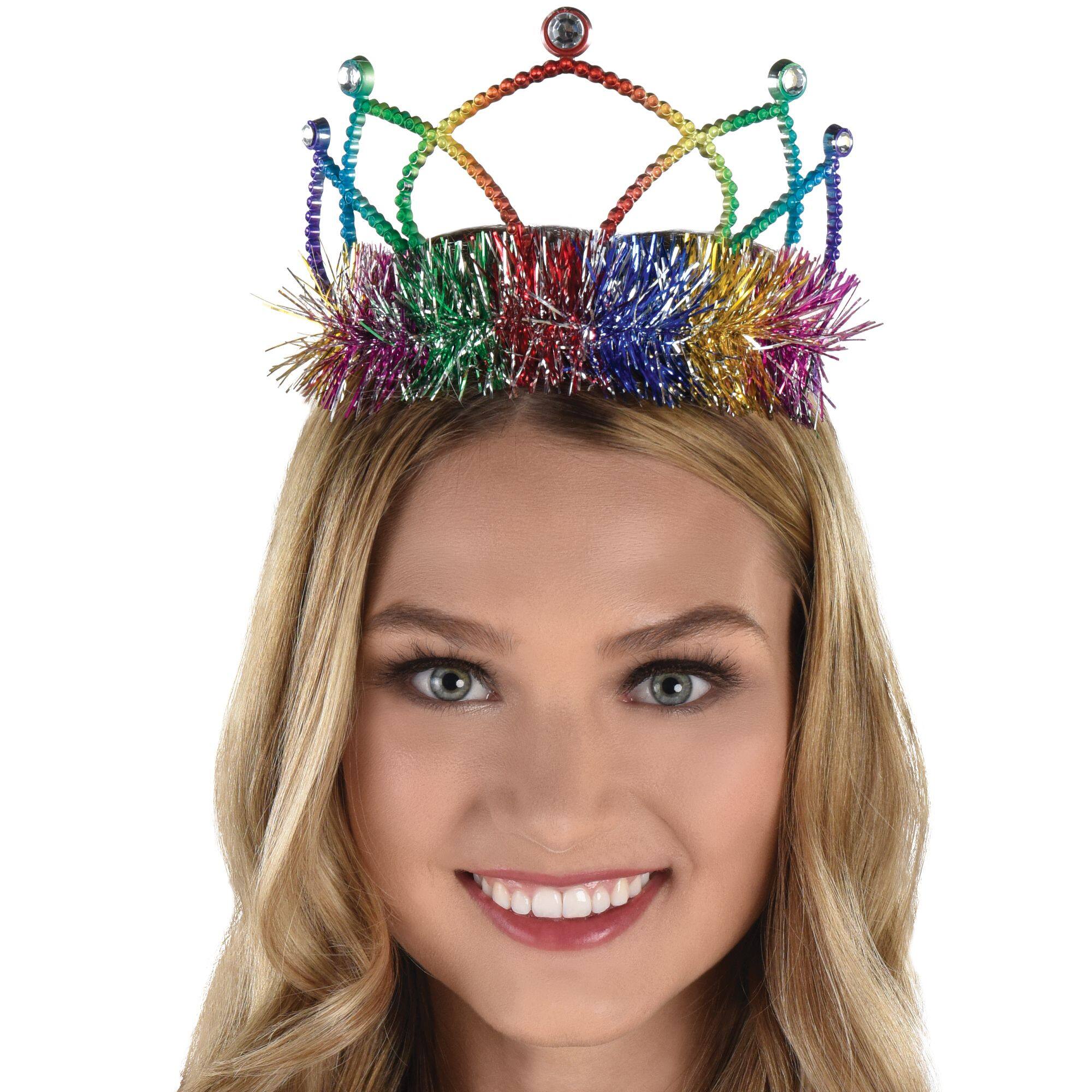 Tinsel Trim Crown Tiara, Assorted Colours, One Size, Wearable Costume ...