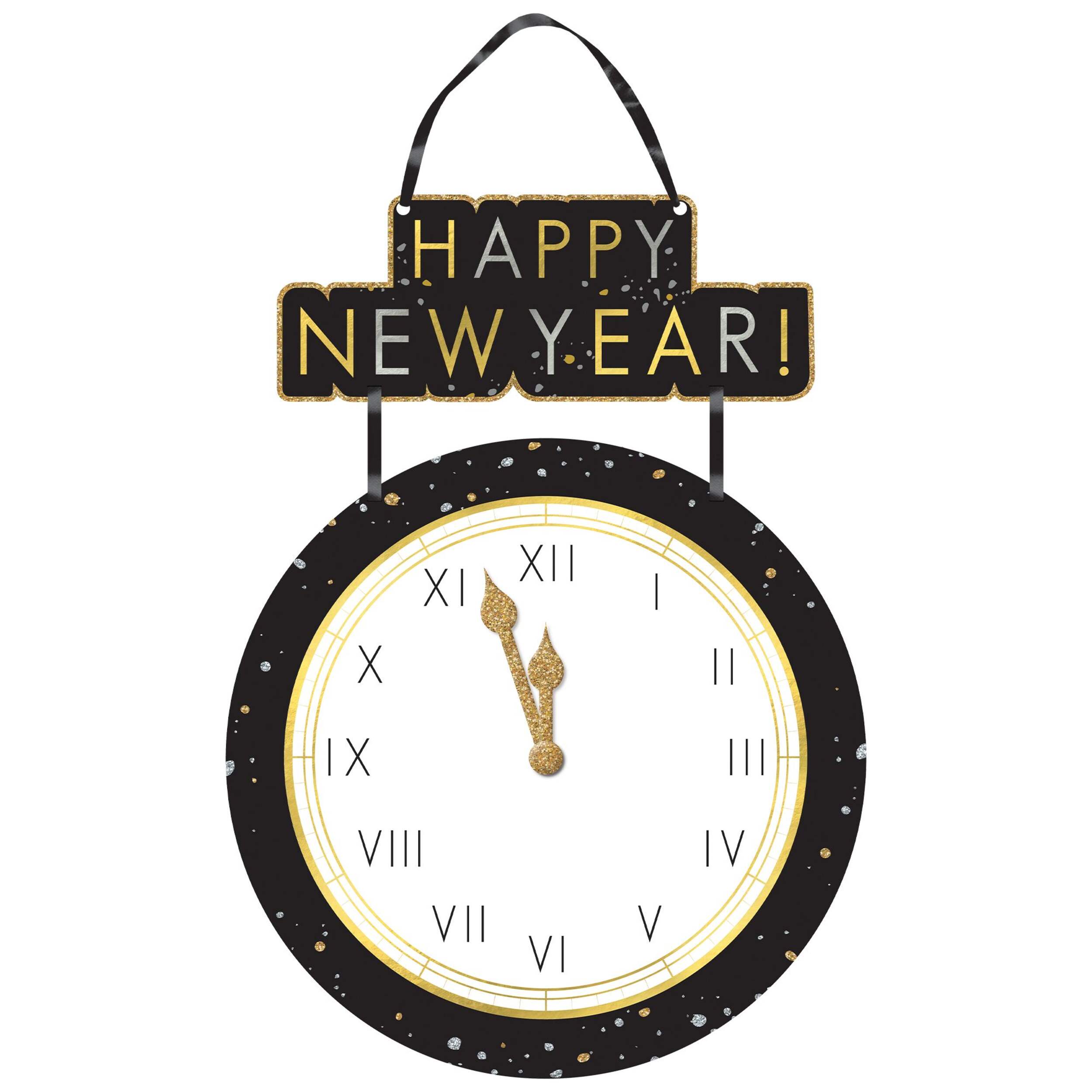 "Happy New Year" Countdown to Midnight Hanging Sign Decoration, Black/Gold, 20.5-in, for New Year's Eve Front_Flat