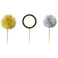 Countdown Clock & Tinsel Wood & Foil Party Picks, Silver/Gold, 4-in, 16-pk, for New Year's Eve Front_Flat