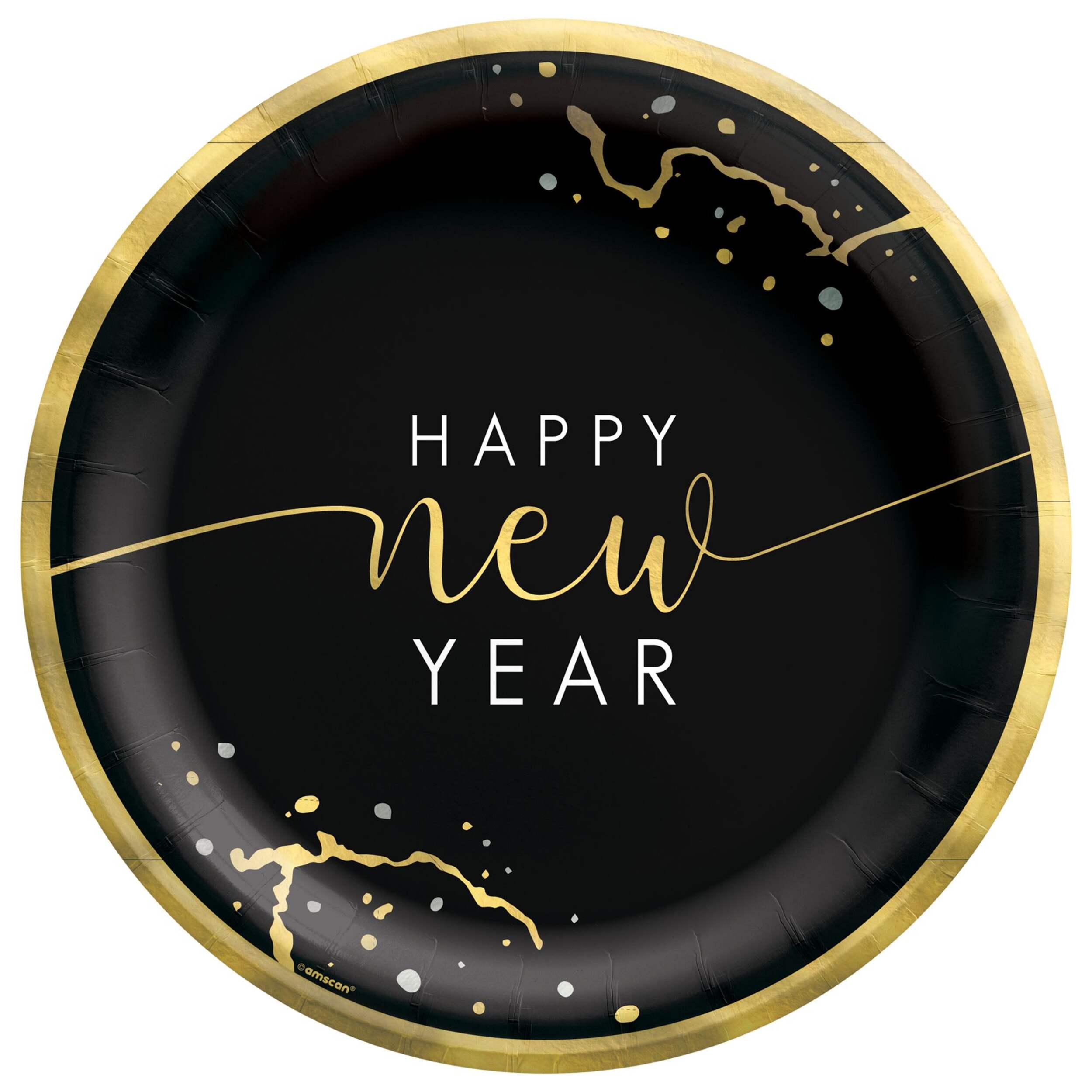 Hello NYE "Happy New Year" Round Paper Disposable Dessert Plates, Black/Gold, 7-in, 20-pk, for New Year's Eve Front_Flat