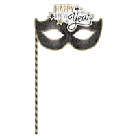 "Happy New Year" Masquerade Mask On A Stick, Black/Gold, One Size, Wearable Costume Accessory for New Years Eve Front_Flat