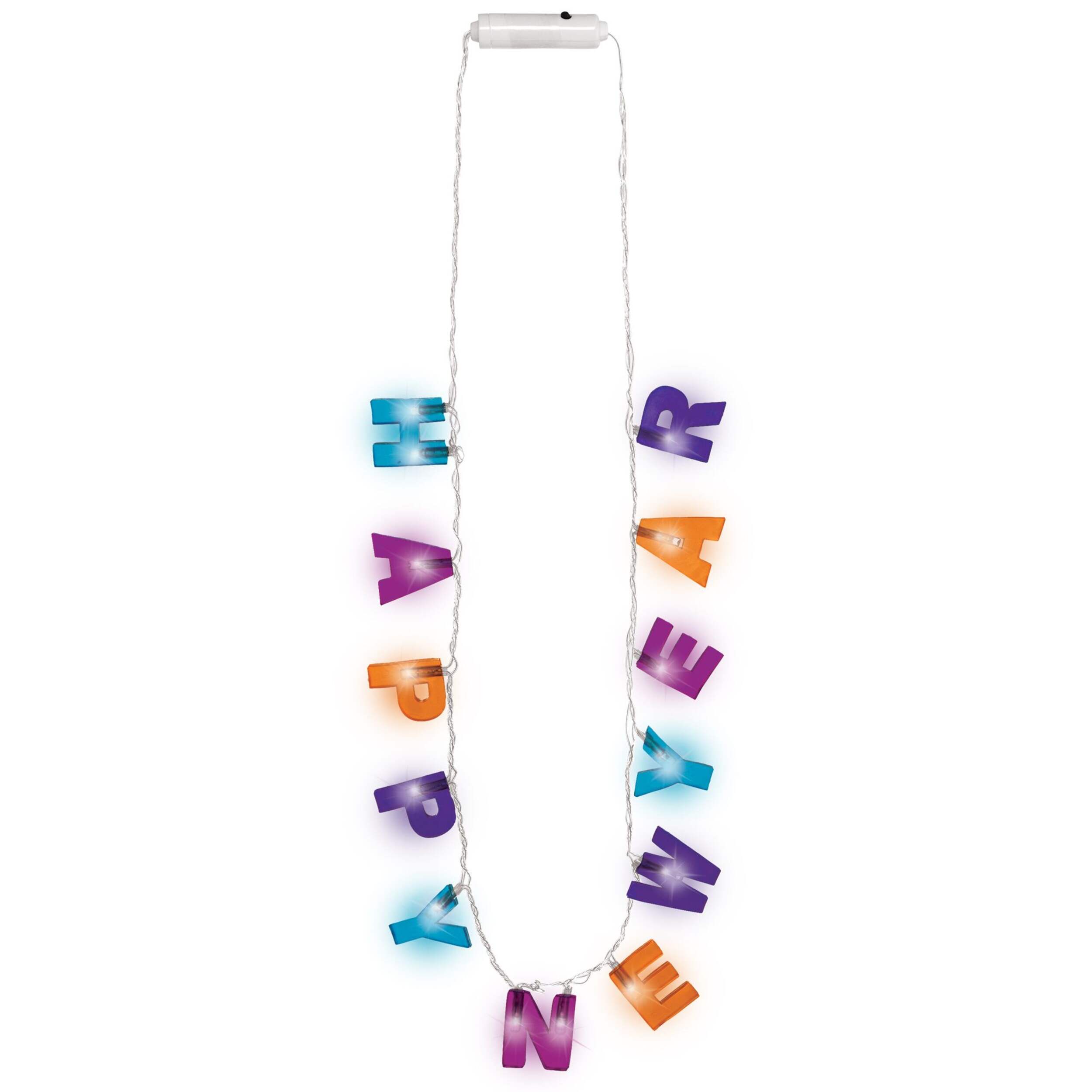 "Happy New Year" Light-Up Letter Necklace Jewelry with Batteries, Multi-Coloured, 18-in, Wearable Accessory for New Years Eve Front_Flat