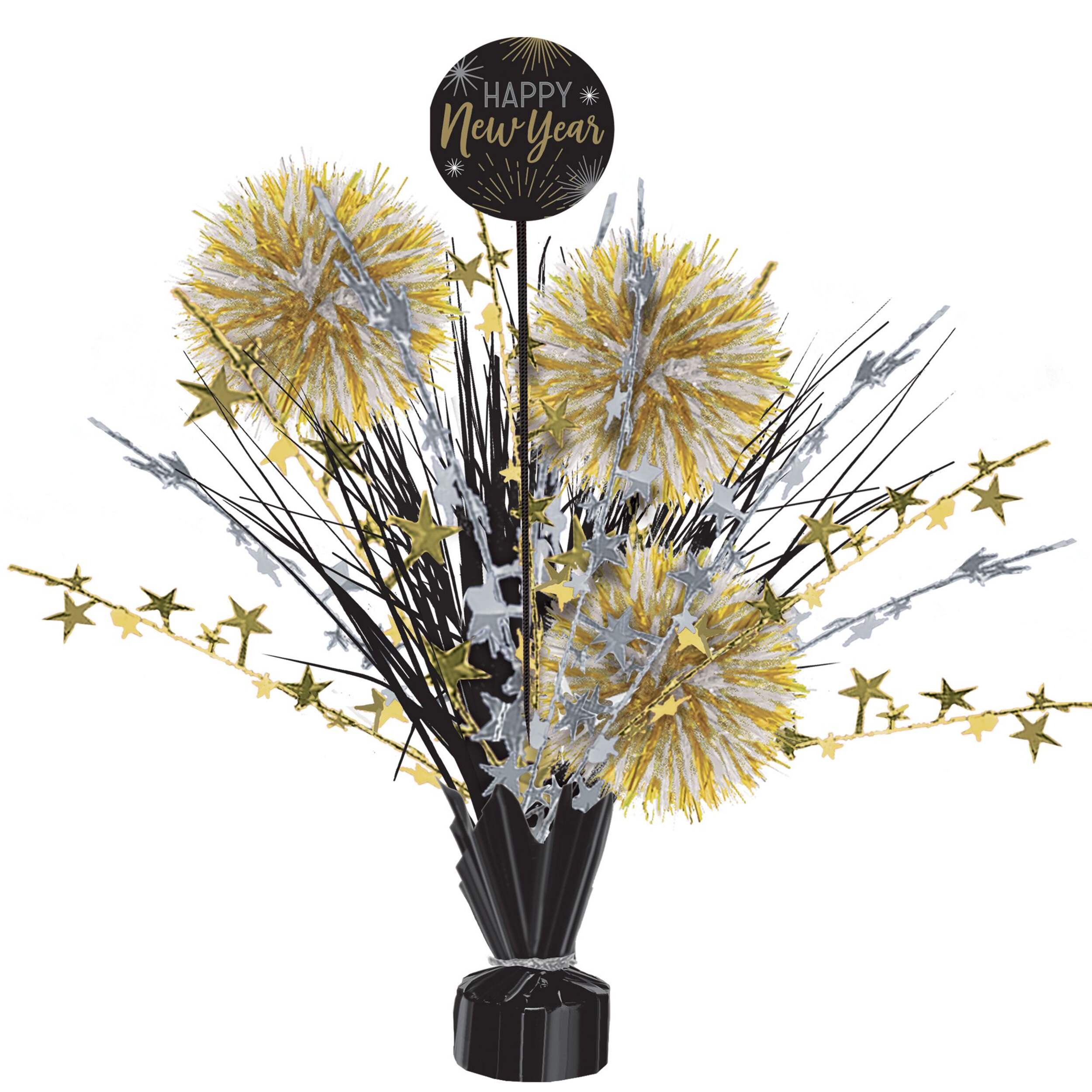 "Happy New Year" Metallic Tinsel Spray Burst Centerpiece Table Decoration, Gold/Silver/Black, 18-in, for New Year's Eve Front_Flat