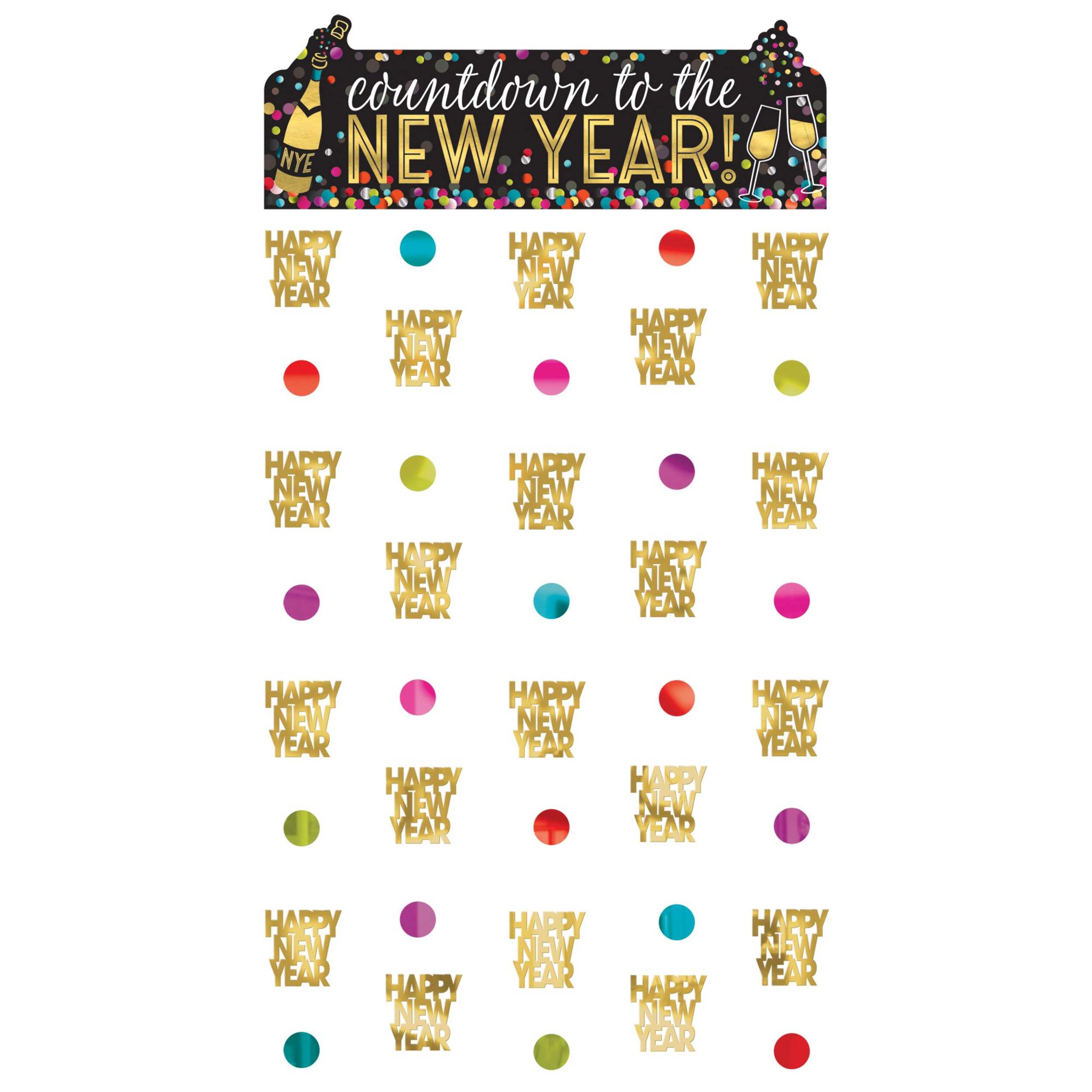 Colourful Confetti "Countdown to the New Year" Hanging Doorway Curtain Decoration, Gold, 6.5-ft, for New Year's Eve Front_Flat