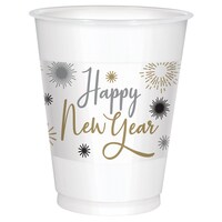 "Happy New Year" Plastic Reusable Cups, White/Silver/Gold,16-oz, 25-pk, for New Year's Eve Front_Elevated
