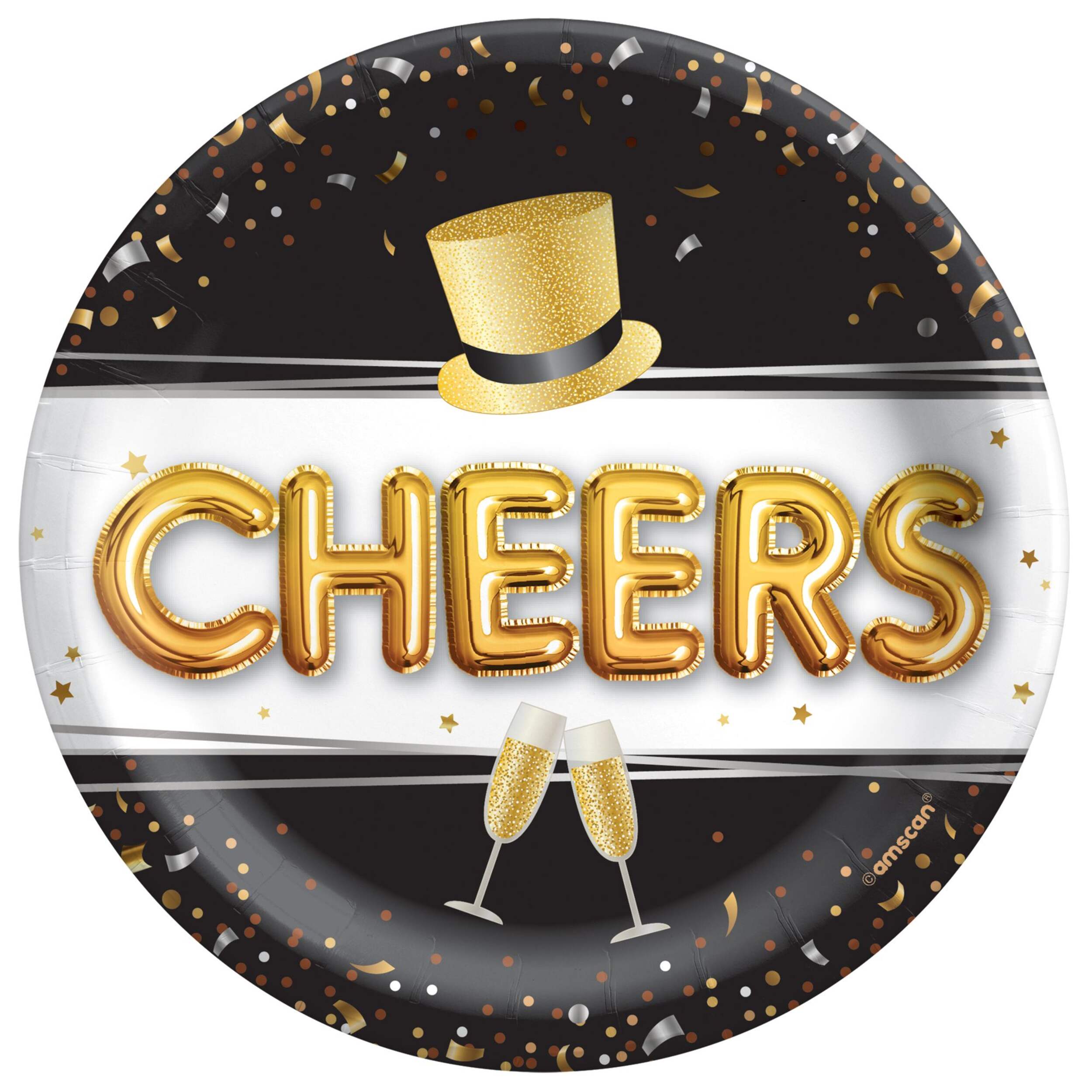 Pop Clink Cheers "Cheers" Round Paper Disposable Dessert Plates, Black/Gold, 7-in, 50-pk, for New Year's Eve Front_Flat