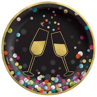 Colourful Confetti Round Paper Disposable Dessert Plates, Black/Gold, Polka Dot, 7-in, 20-pk, for New Year's Eve Front_Flat