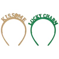 "Kiss Me Luck Charm" Glitter Headbands, Green/Gold, One Size, 6-pk, for St. Patrick's Day Front_Flat