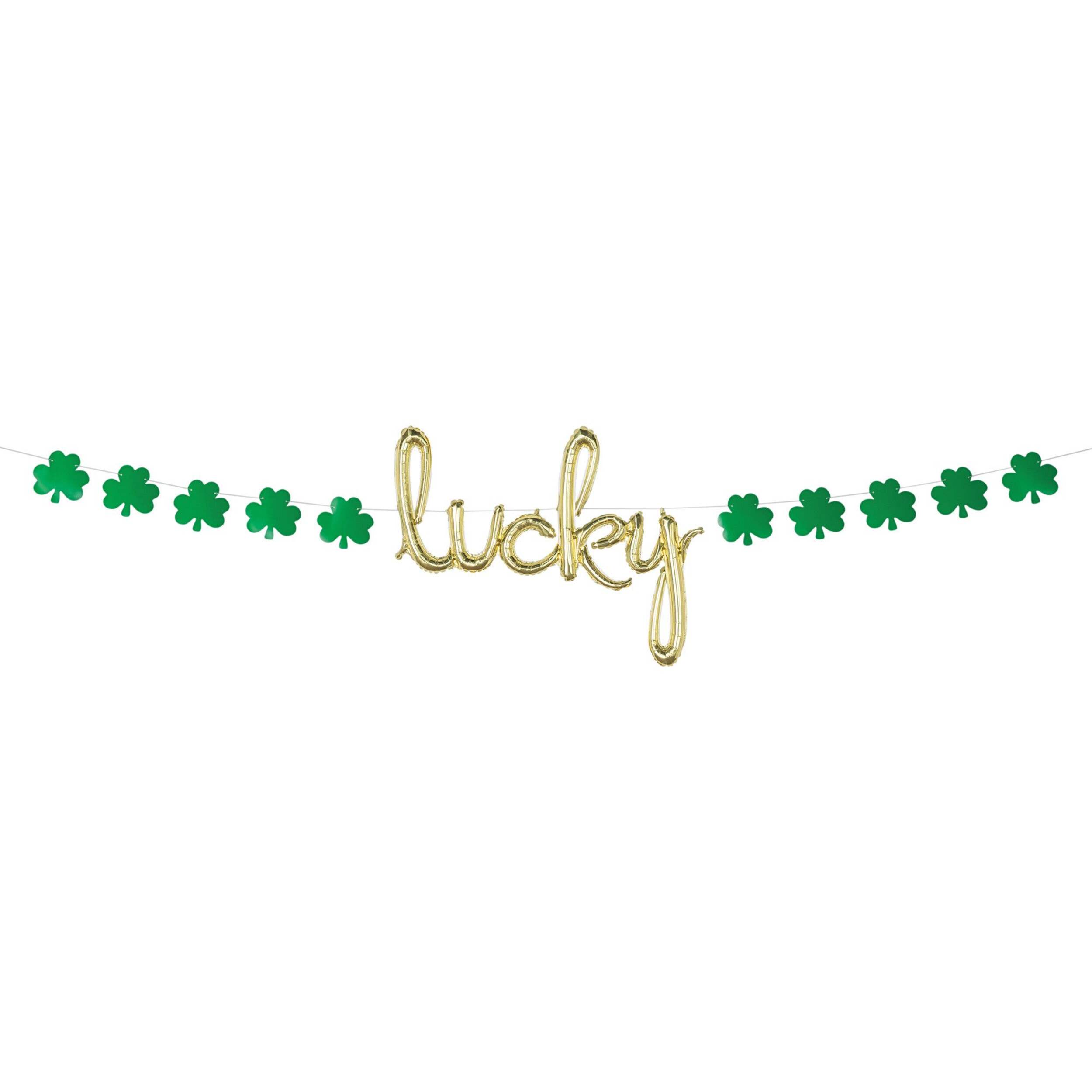 "Lucky" Letters Satin Foil Balloon Banner, Gold/Green, Shamrock, 3.5-in, Air-Filled for St. Patrick's Day Front_Flat